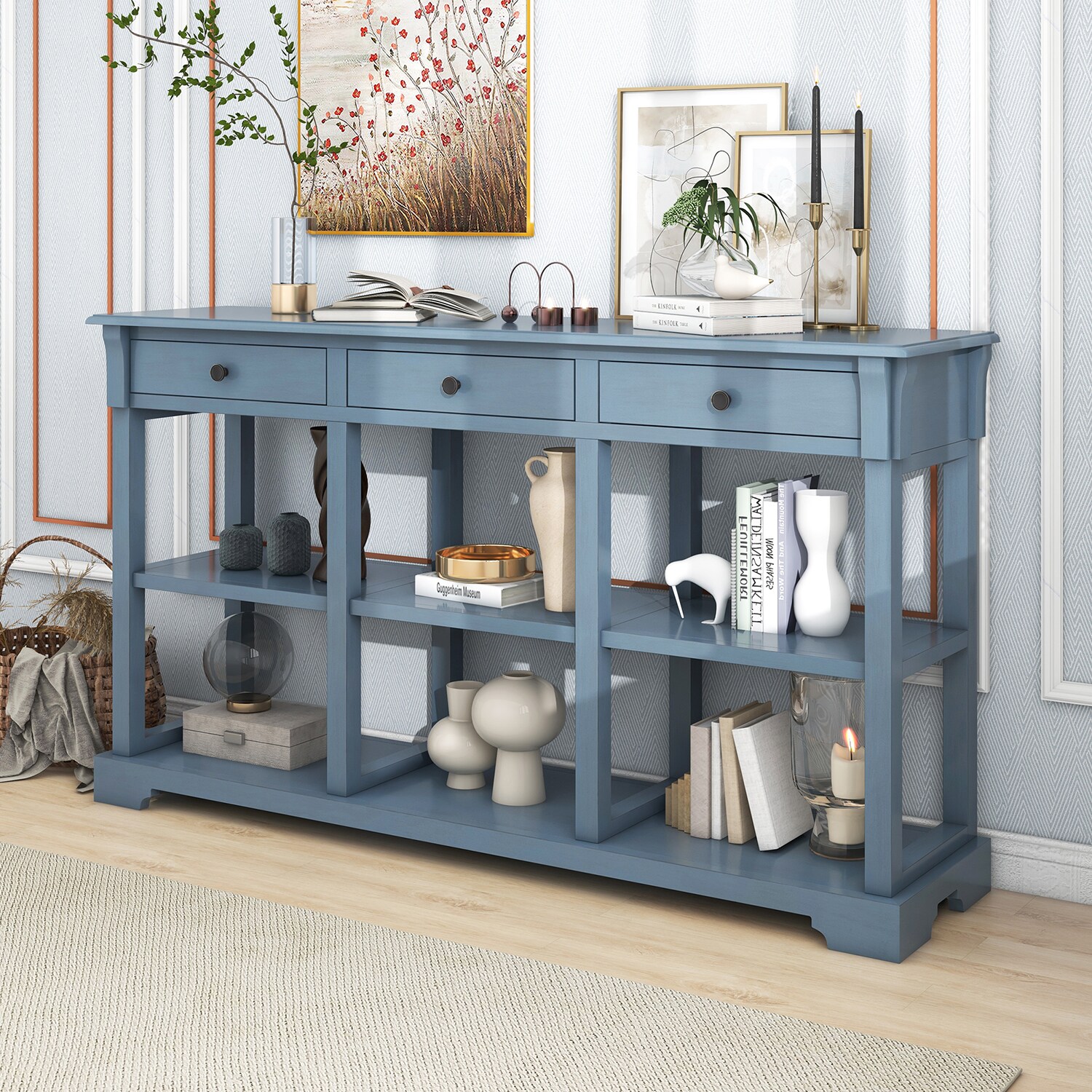 36 Retro Style Pine Console Table with 4 Drawers and 1 Storage Shelf, Blue  - ModernLuxe