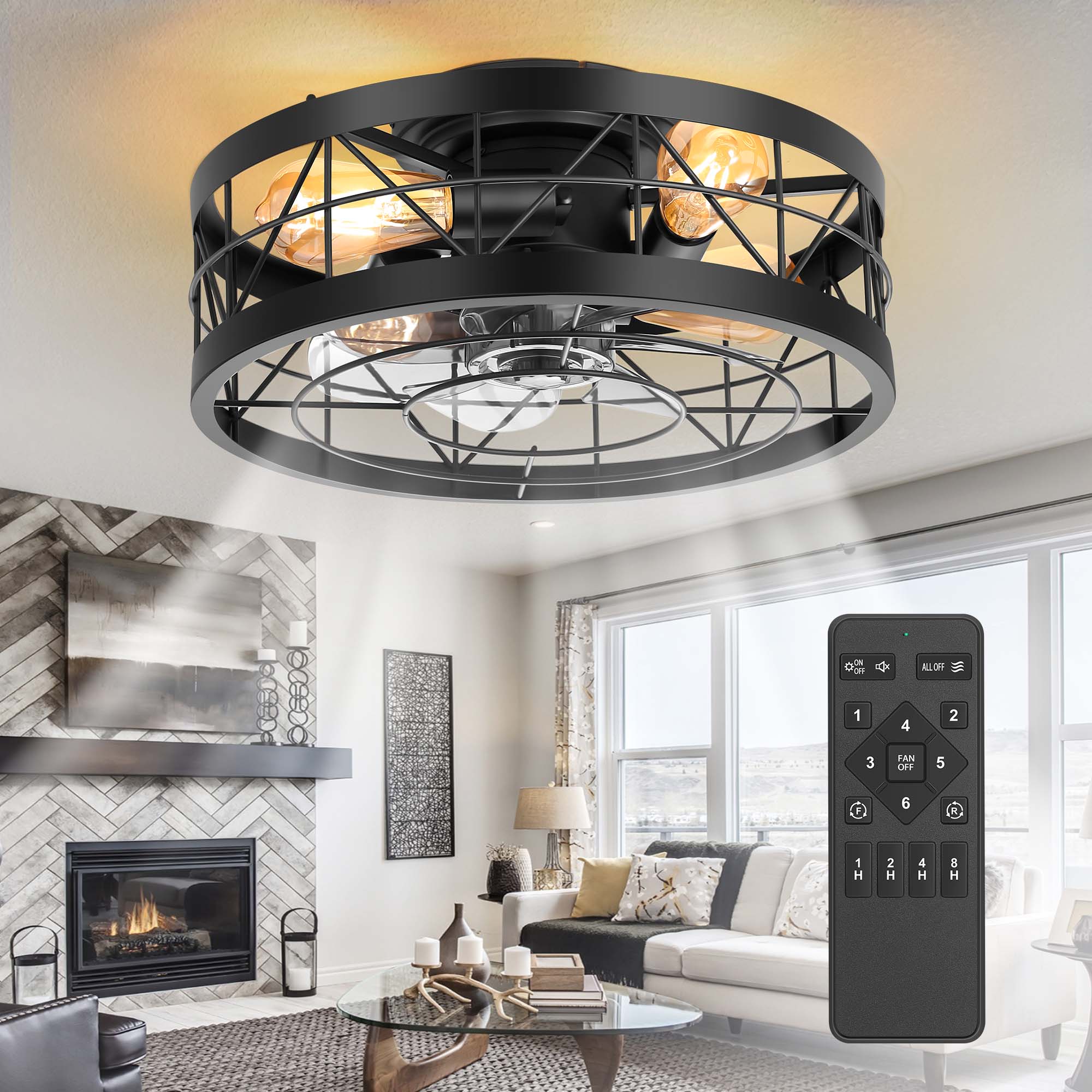 Breezary 35002-BK Caged/KD Version 20-in Flush Mount Matte Black with Gray Blades Fandelier Ceiling Fan With Light - Remote Included ( 7 -Blade )
