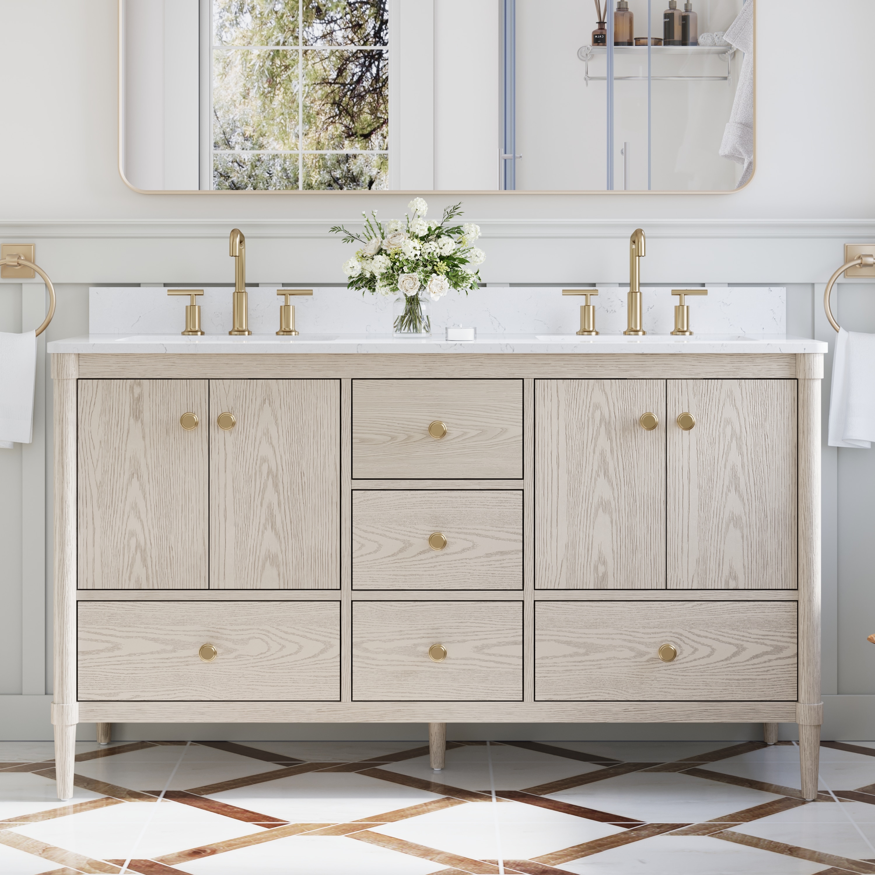 ANGELES HOME  Solid Wood 60-in Oak Undermount Double Sink Bathroom Vanity With Carrera White Quartz Countertop(Fully Assembled)