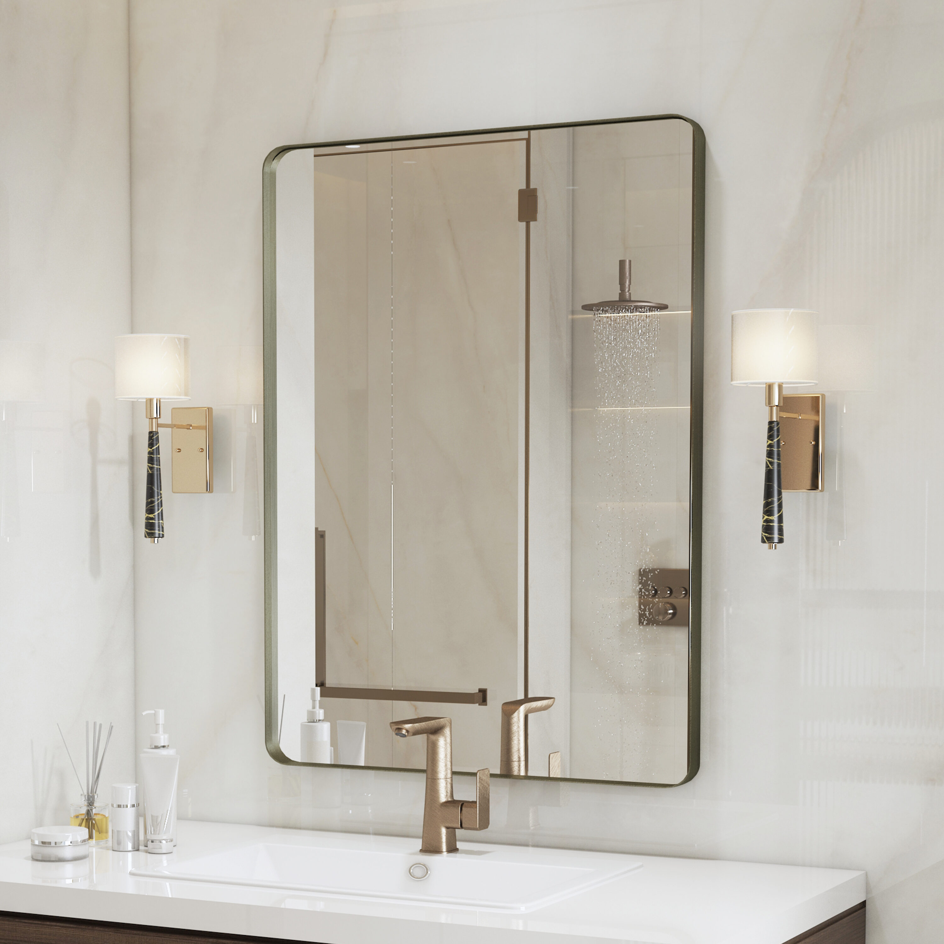 Yulika Ptjz 22-in x 30-in Framed Rectangle Bathroom Vanity Mirror ( Bronze )