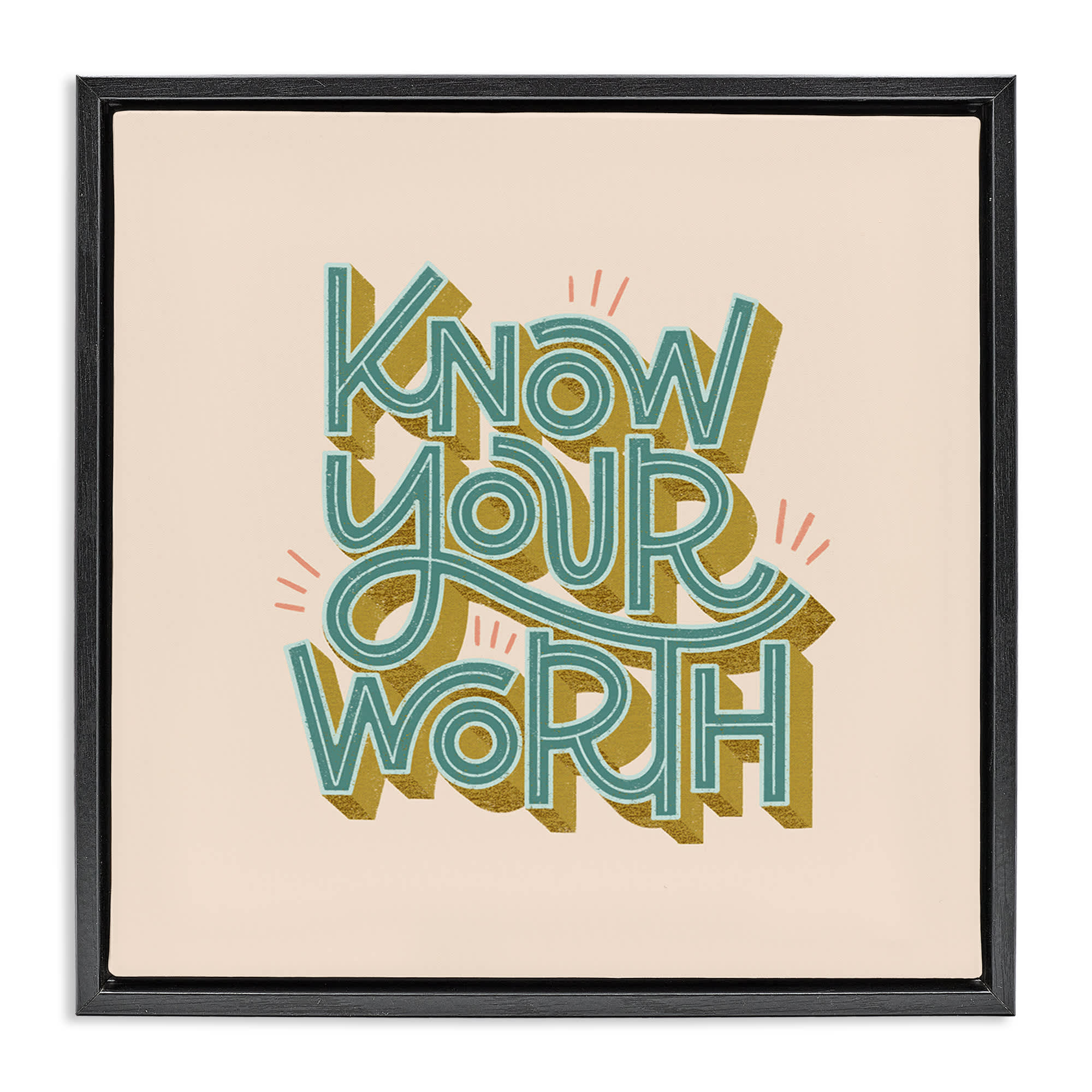 Stupell Industries BT-425-FFB-24X24 Know Your Worth Green on Beige Black Framed Floater Canvas Wall Art By Sarah Hickman 25 x 25