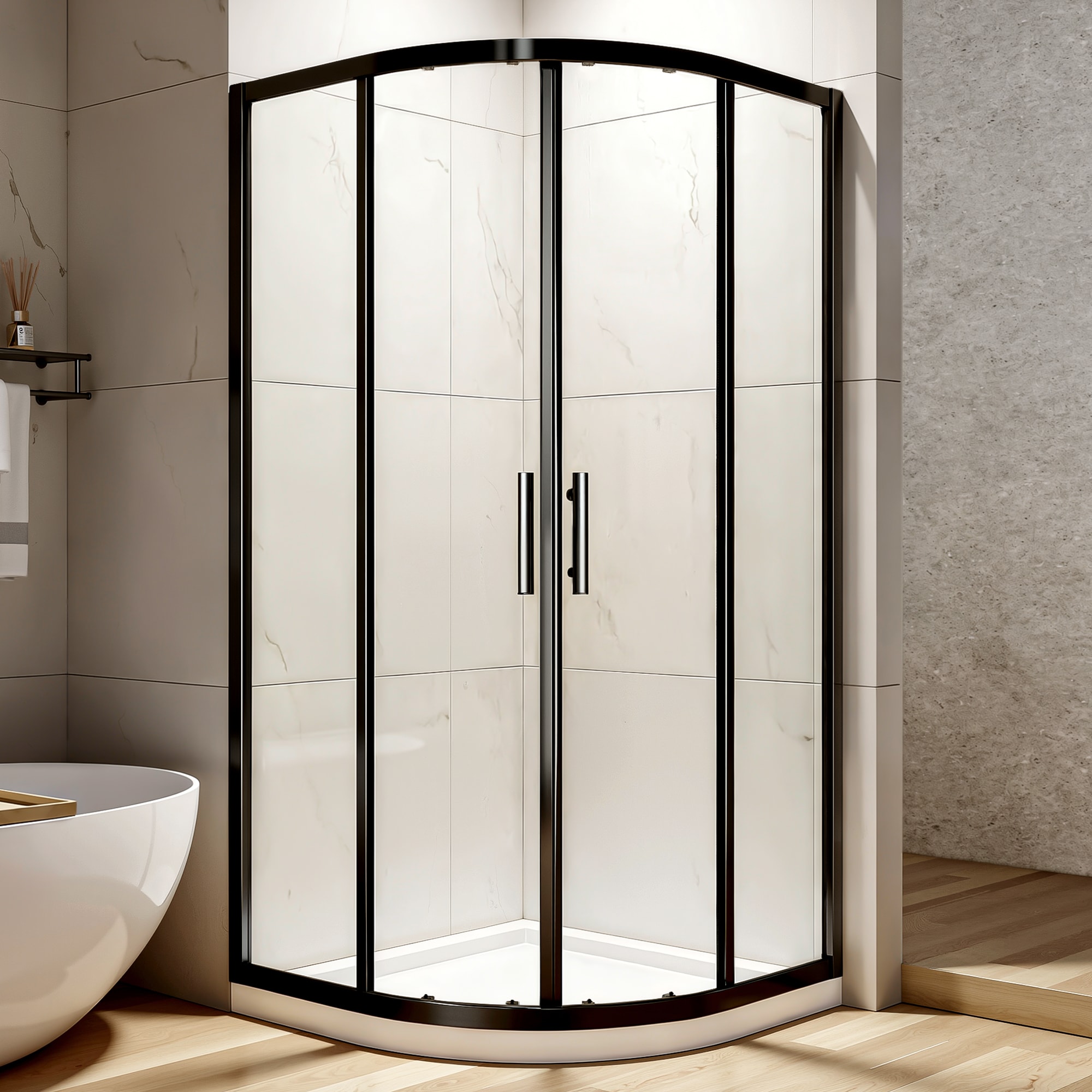BEARSOLIM 36-in D x 36-in W x 72-in H Neo-Round Corner Double Enclosure Sliding Shower Doors with 1/4-in Thick Clear SGCC Tempered Glass With Explosion-proof Film