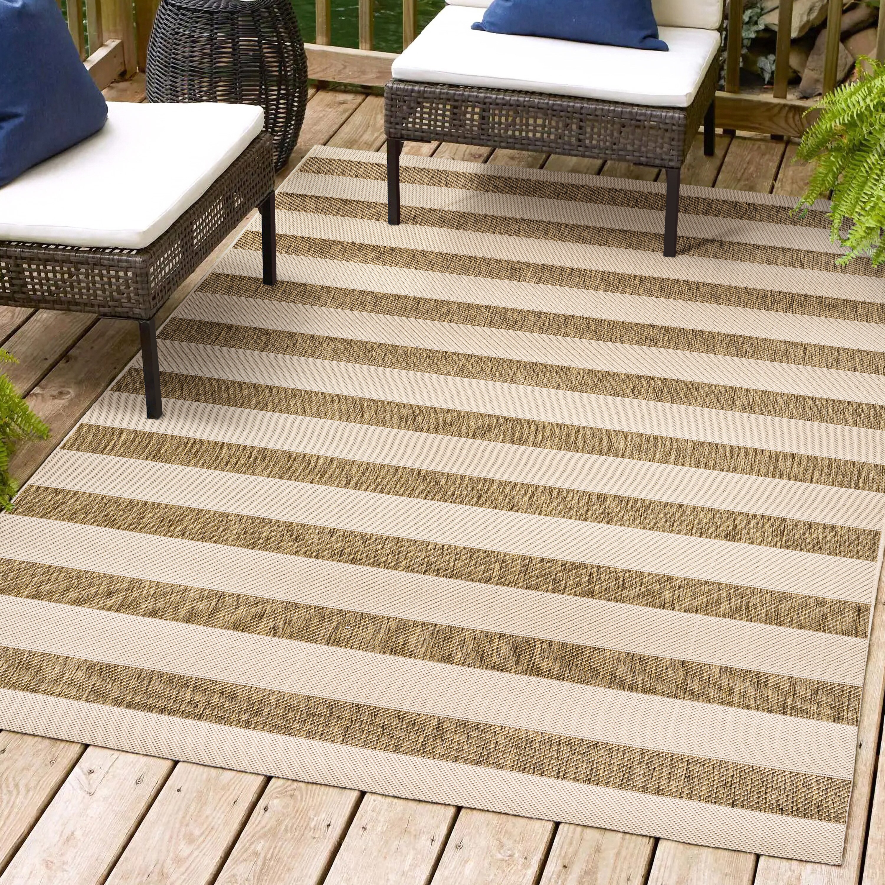 Beige and Brown Stripe Synthetic 8' x 10' Indoor/Outdoor Rug