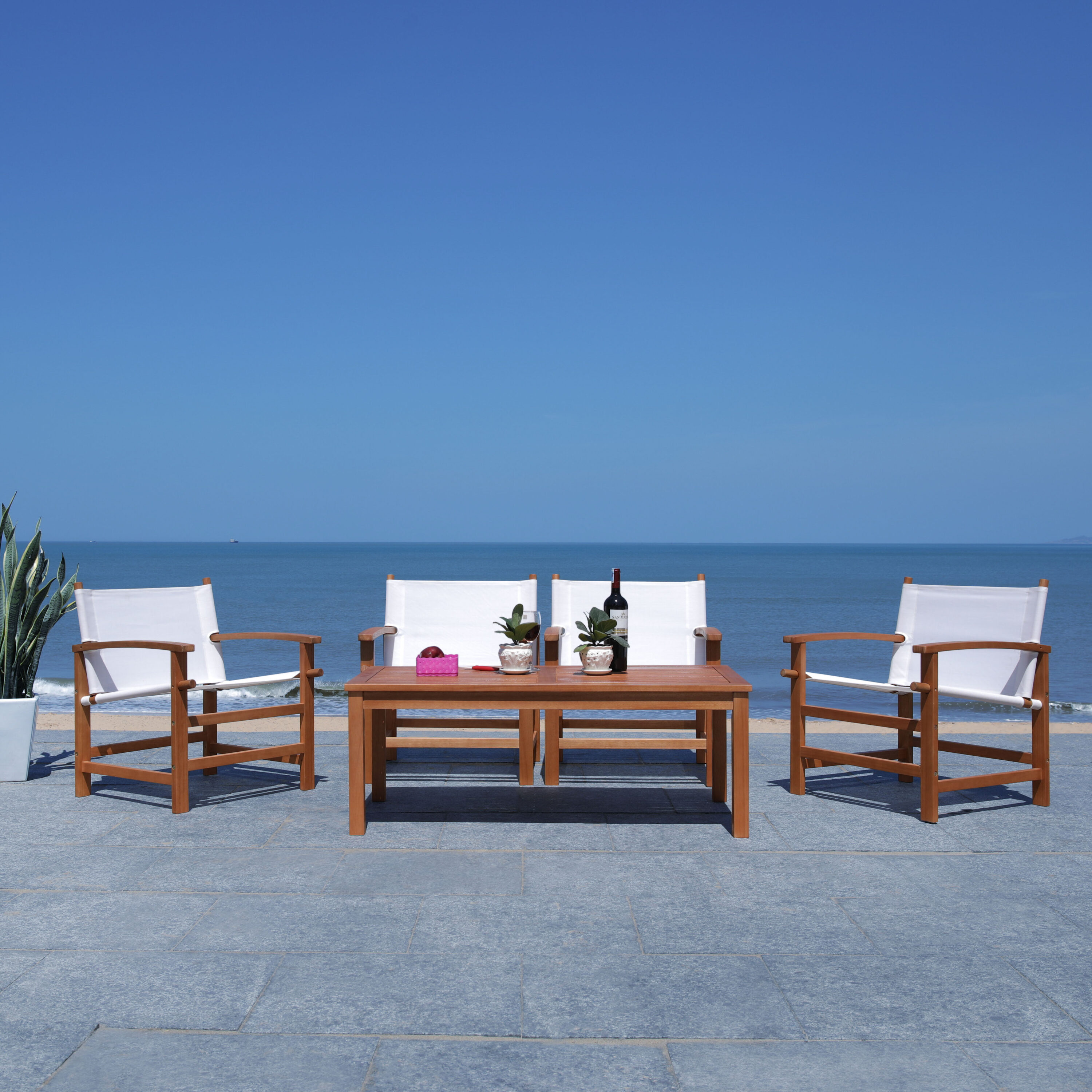 Natural Eucalyptus Wood Outdoor Dining Set with Beige Armchairs