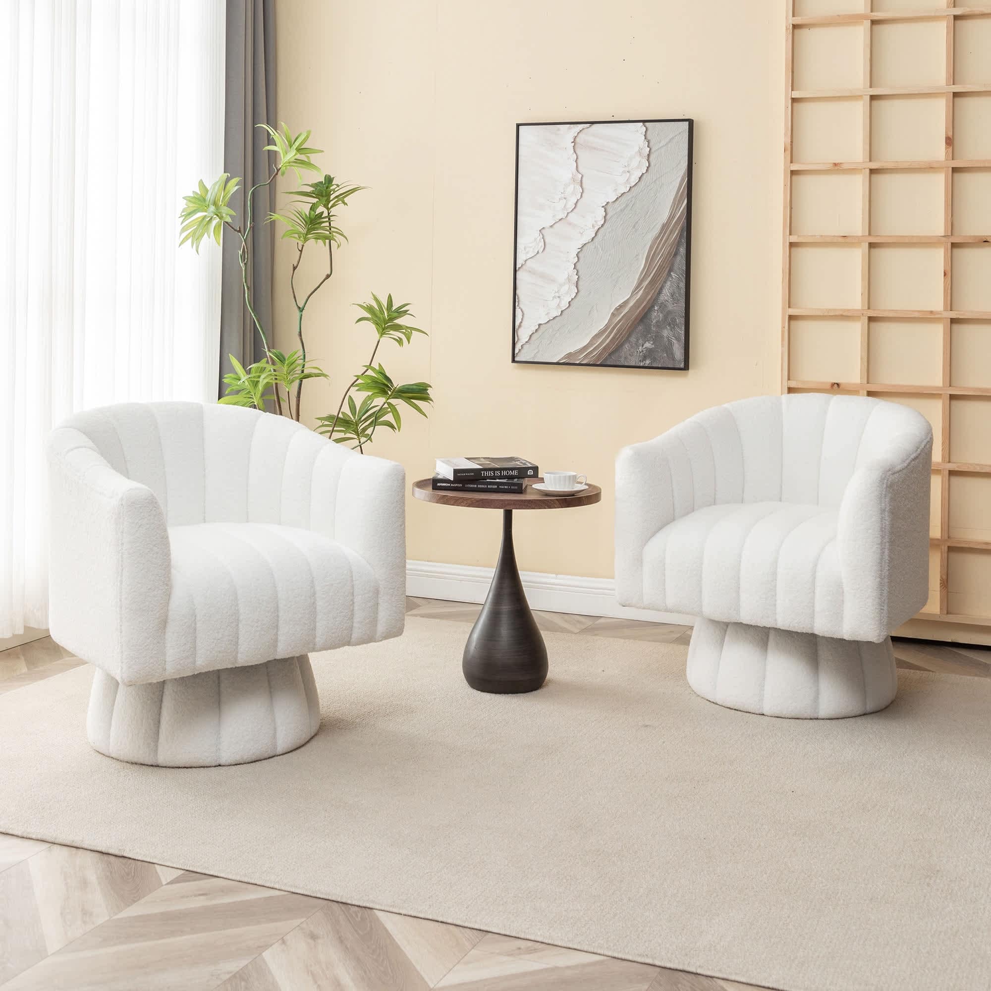 SEYNAR FJ570-WHITE-S2 Modern Glam Teddy Fabric Upholstered Round Swivel Accent Barrel Chair Set of 2