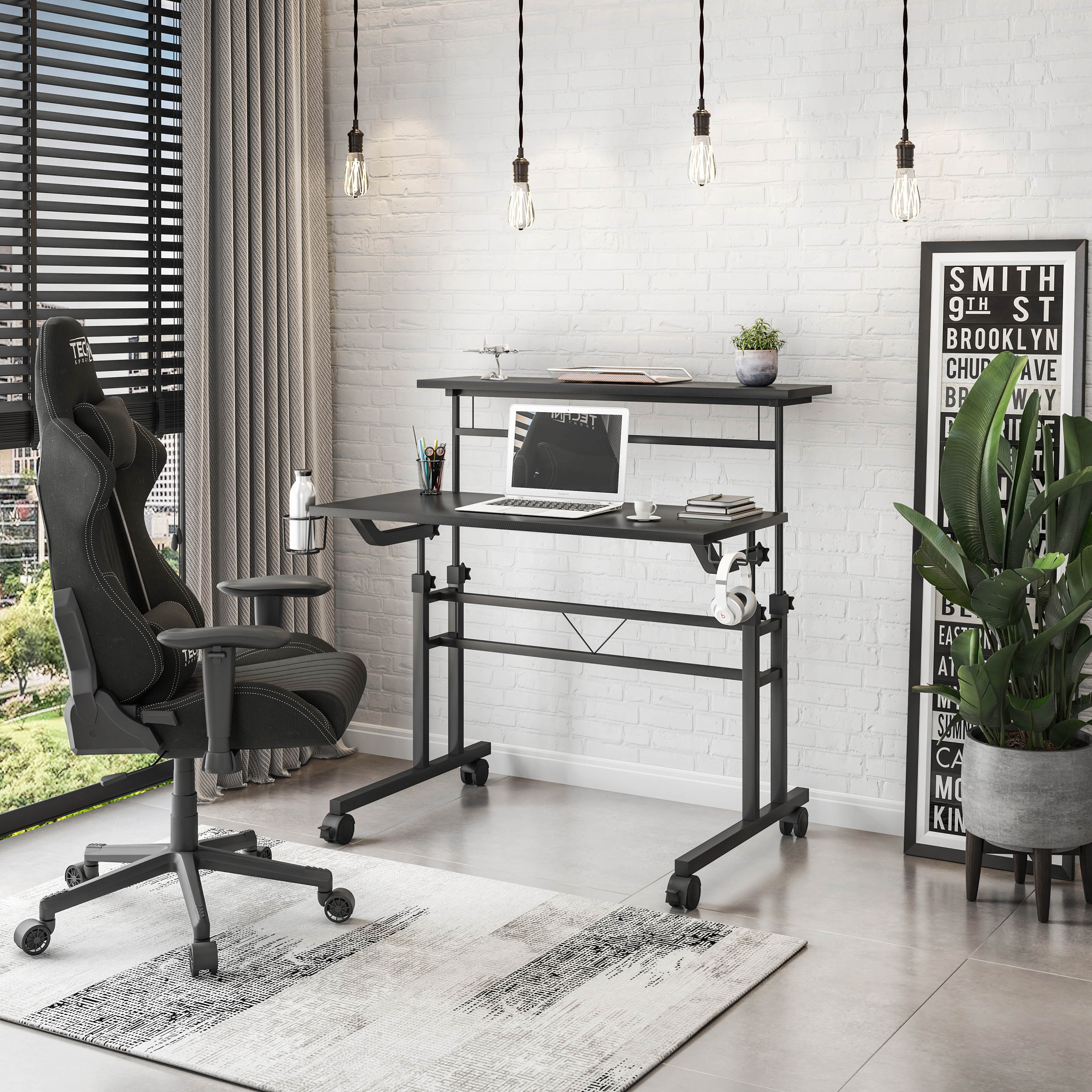 LOVMOR SF-R-RTA-3800SU-BK Rolling Writing Desk with Height Adjustable Desktop and Moveable Shelf Black
