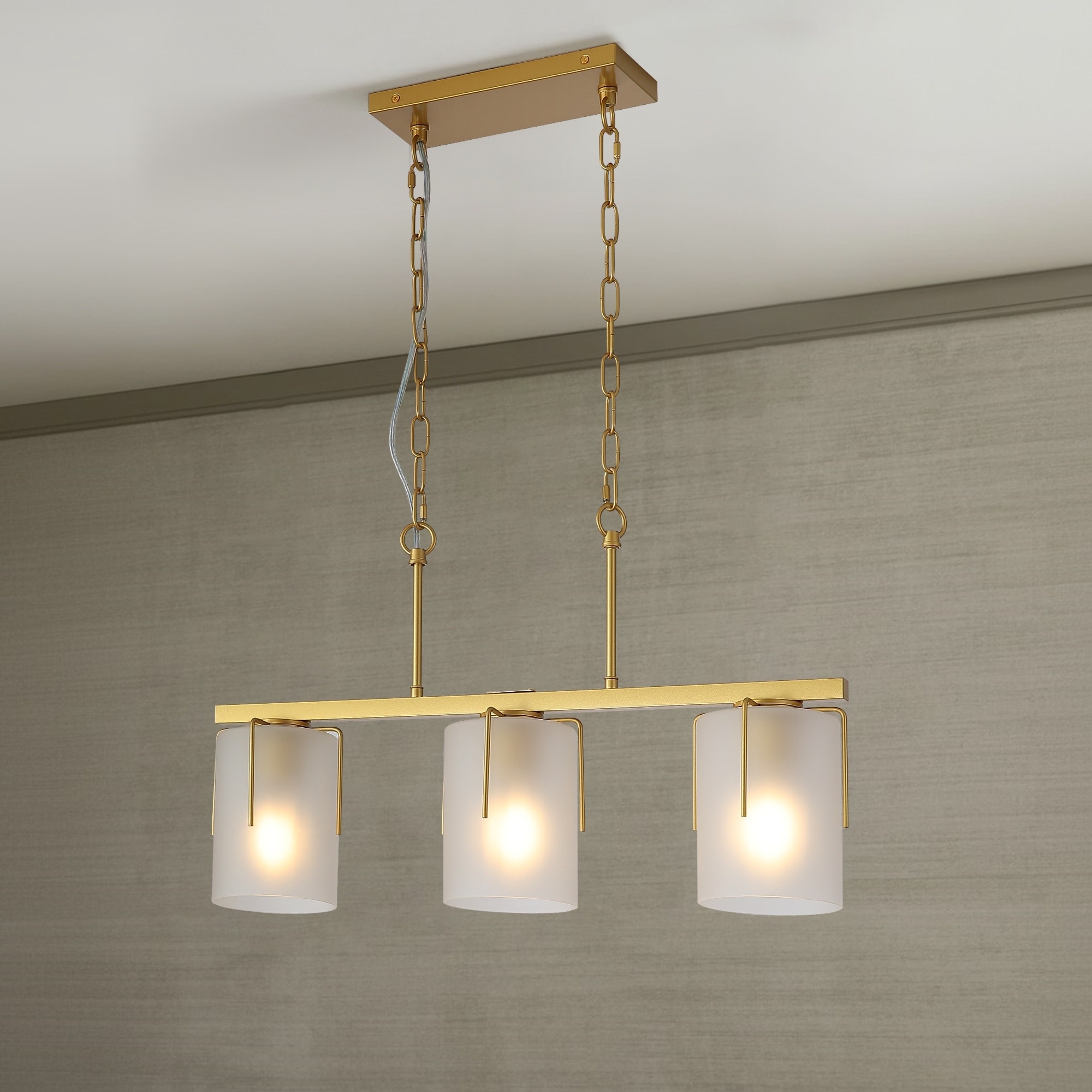 UOI 25 inch Gold Glass and Metal 3-Light Linear Chandelier with Adjustable Height and Frosted Glass Shades