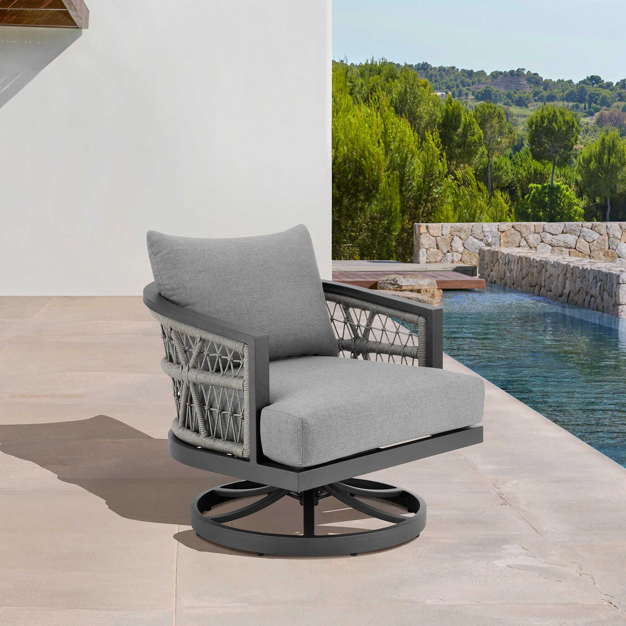 Zella 33" Light Gray Aluminum Swivel Patio Armchair with Cushions