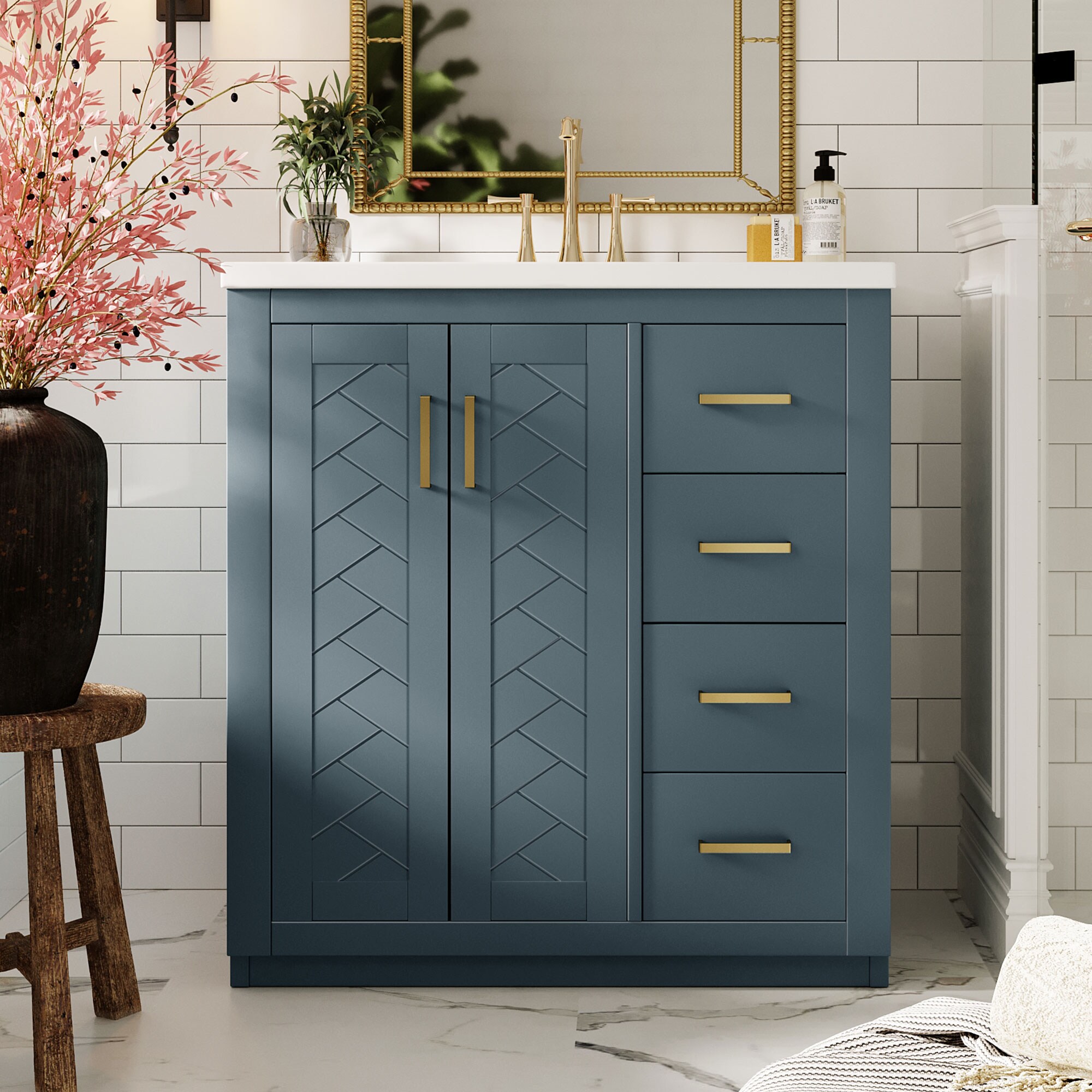 Lordear Blue  Bathroom Vanity with Ceramic Sink 30-in Single Sink Storage Cabinet