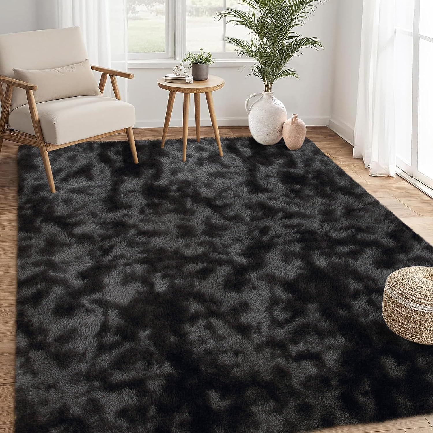 Aoile 10x13 Washable Non-Slip Tie-Dye Shag Area Rug for Living Room and Home Theater Black/Grey