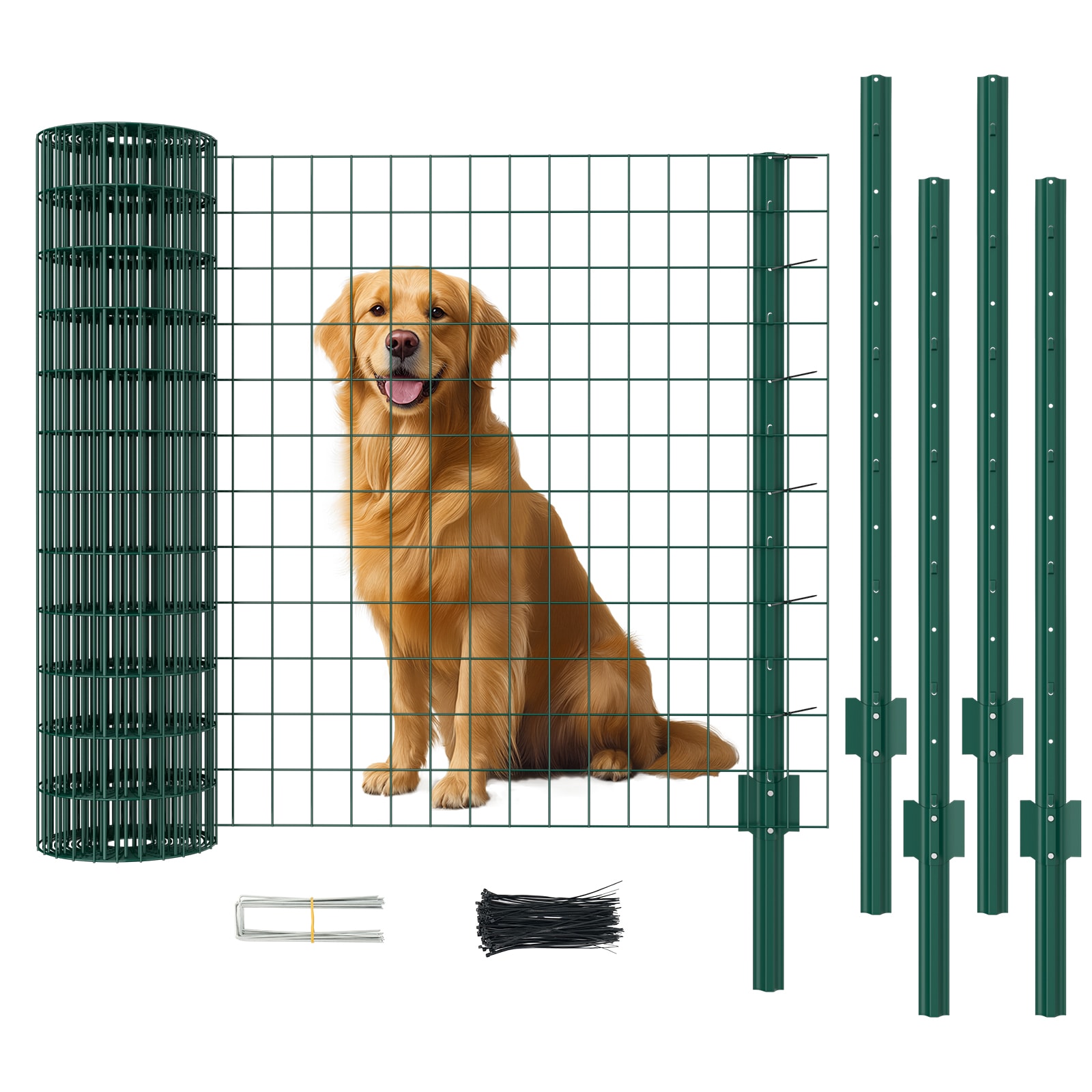DOCRED  Galvanized Steel Welded Wire Garden Fence 35.4 Inch x 50FT Poultry Fencing with Upgraded Metal Posts Rust Resistant Animal Barrier for Vegetable Garden Flower Bed Lawn Backyards Green
