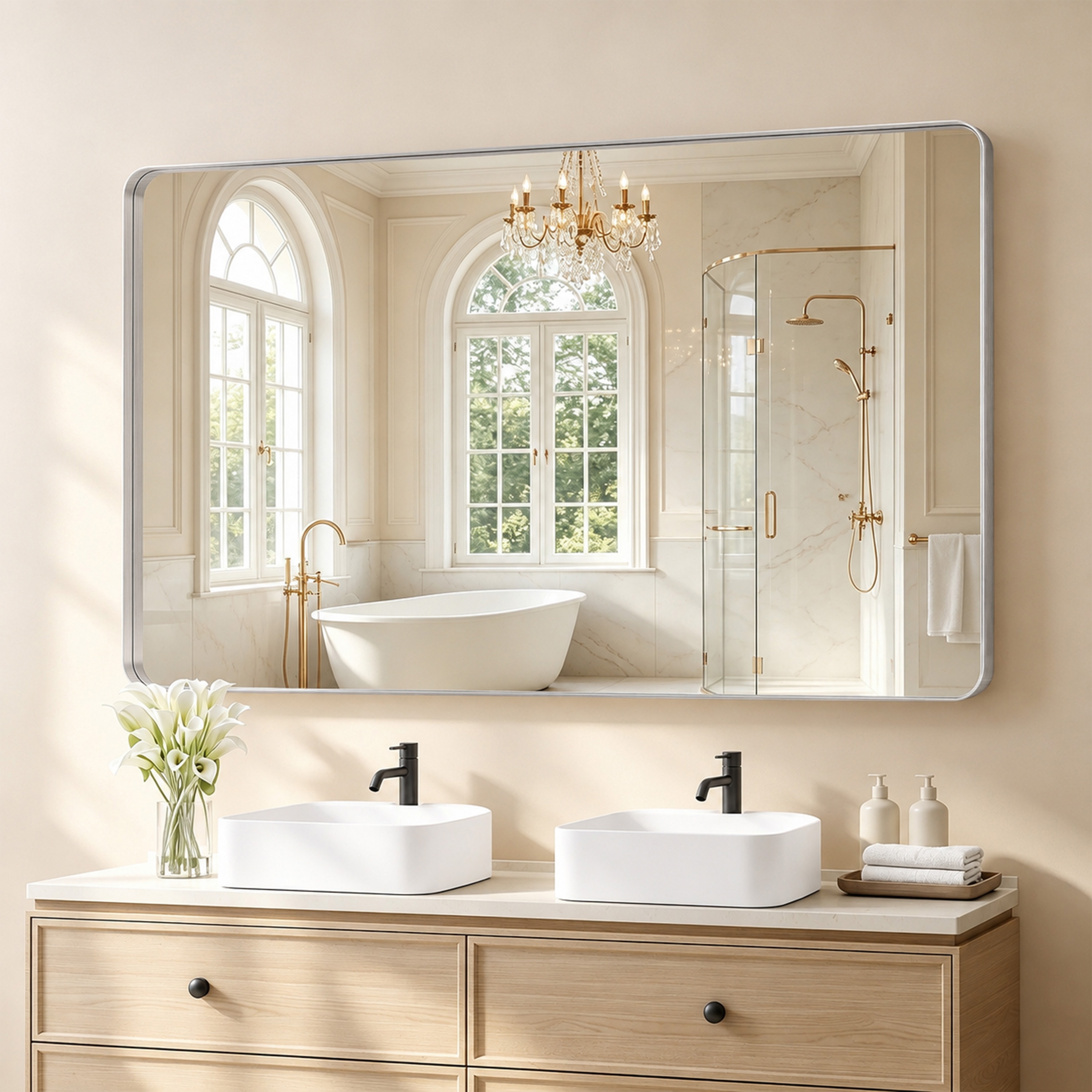 Velusian 48 in. W x 36 in. H Rectangular Wall Bathroom Aluminiun Alloy Frame Vanity Mirror in Brushed Nickel