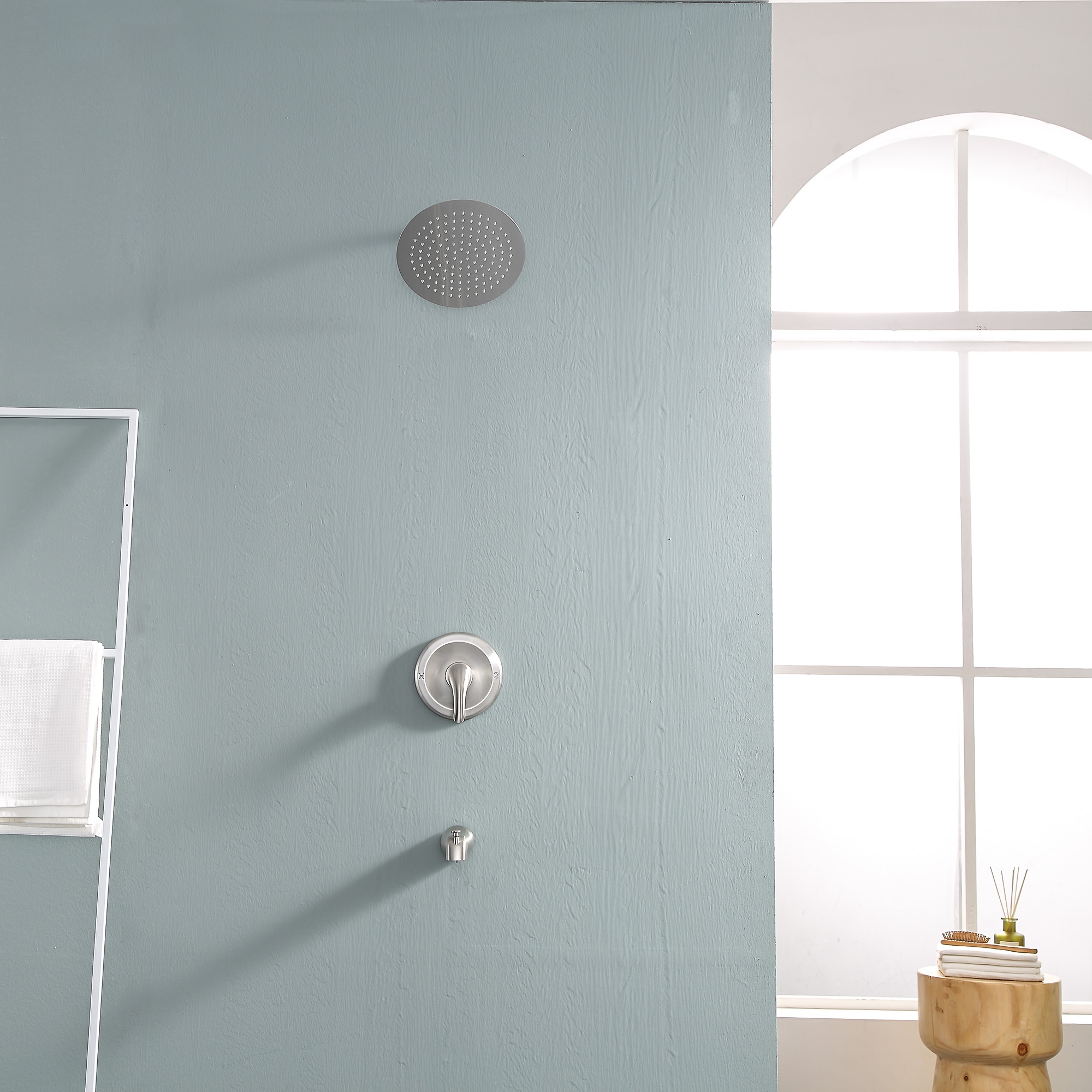 KICHAE 10-Inch Round Waterfall Shower Head Brushed Nickel 10-in Waterfall Dual Head Built-In Shower Faucet System with 2-way Diverter ( Ceramic Disc Valve Included )