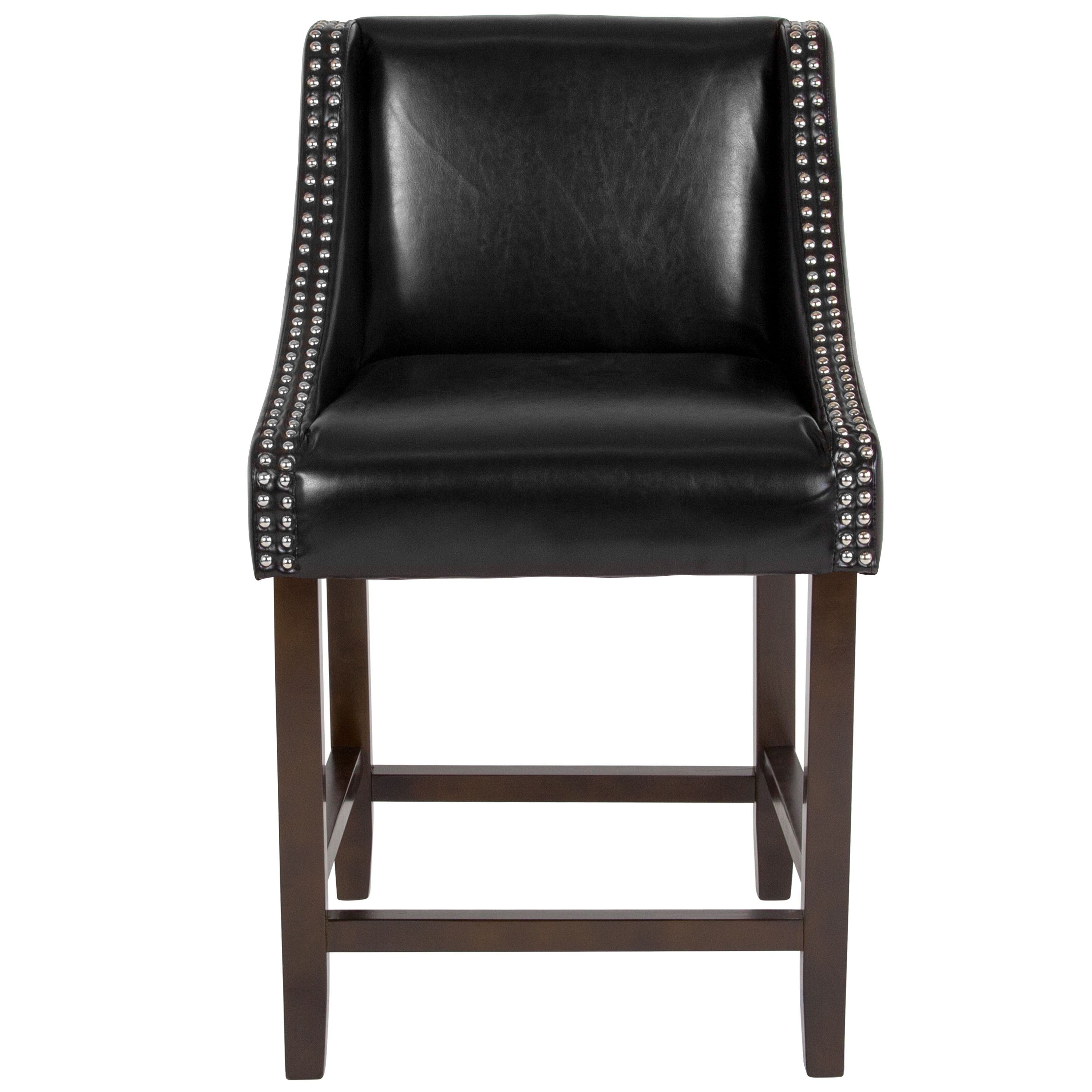 Black Leather 24" Wood Counter Height Stool with Nail Trim