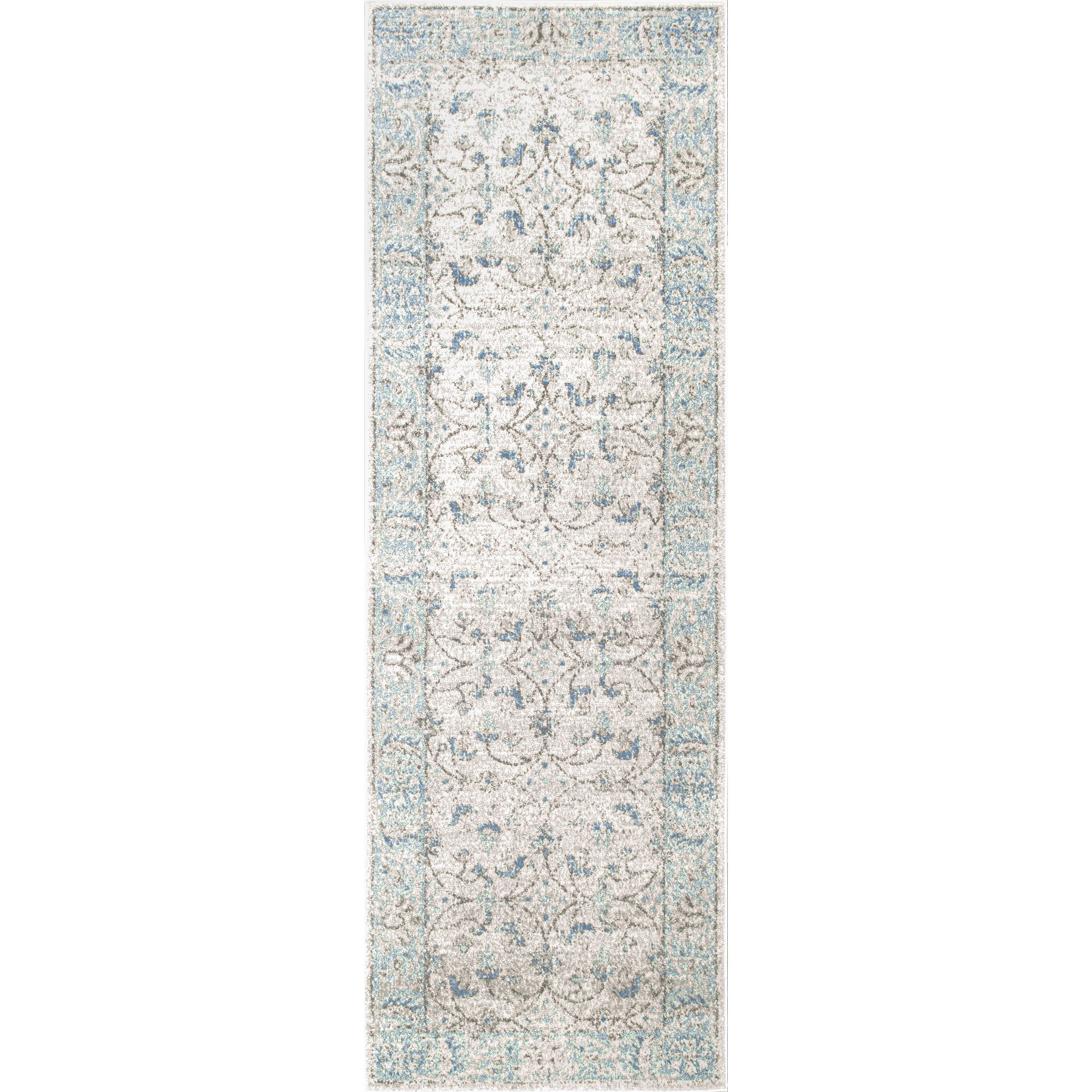 Aqua and Gray Floral Synthetic Reversible Runner Rug, 2' x 6'