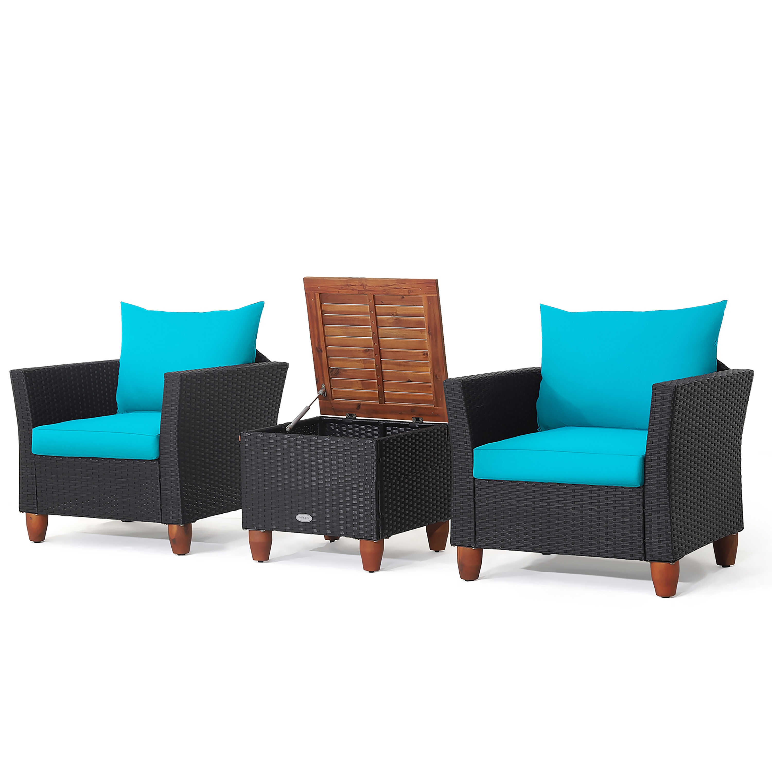Costway HW70614TU 3 -Piece Wicker Patio Conversation Set with Blue Cushions