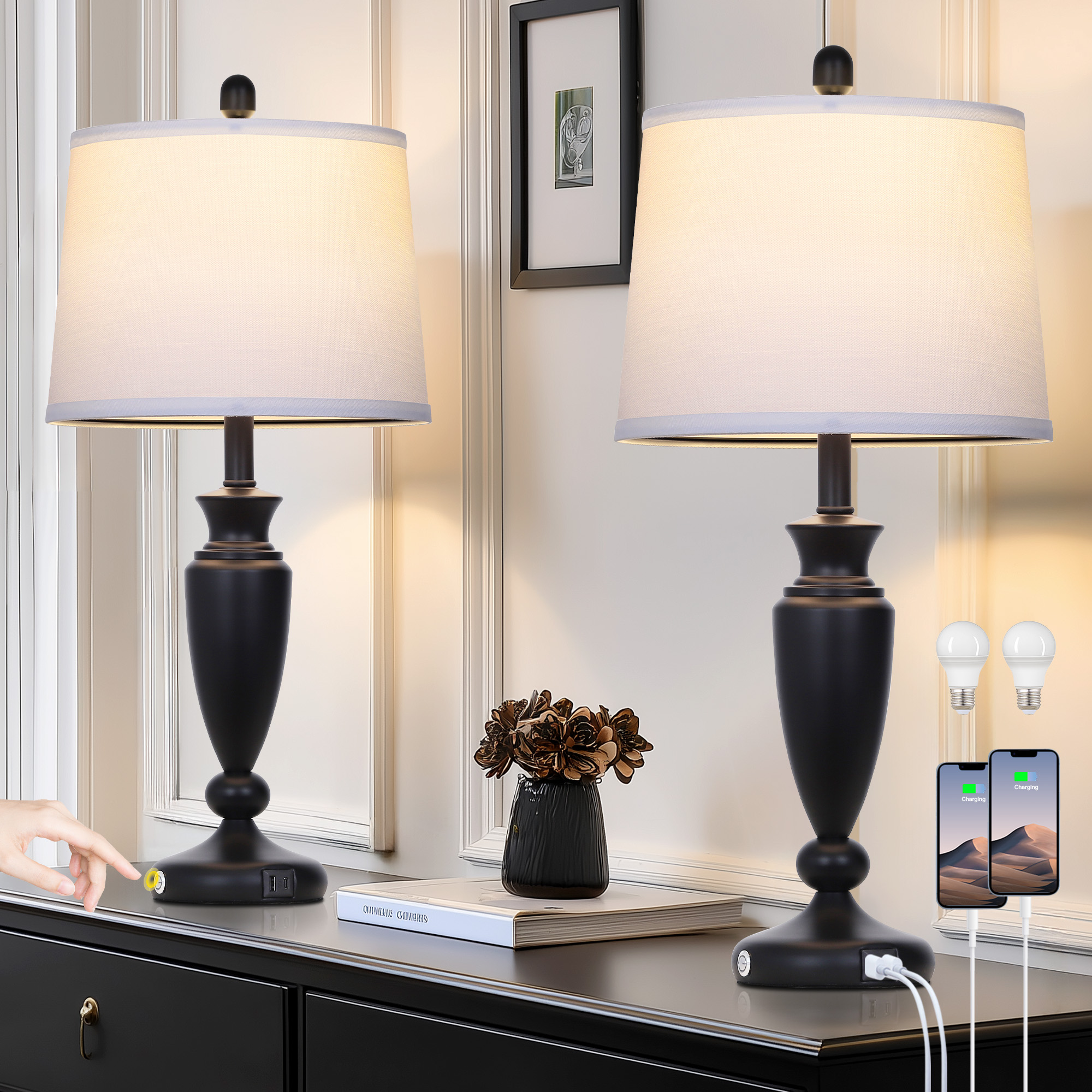 UrFurnishings TD-444 Modern 27-in Black LED Touch Table Lamp with Linen Shade 2 -Set