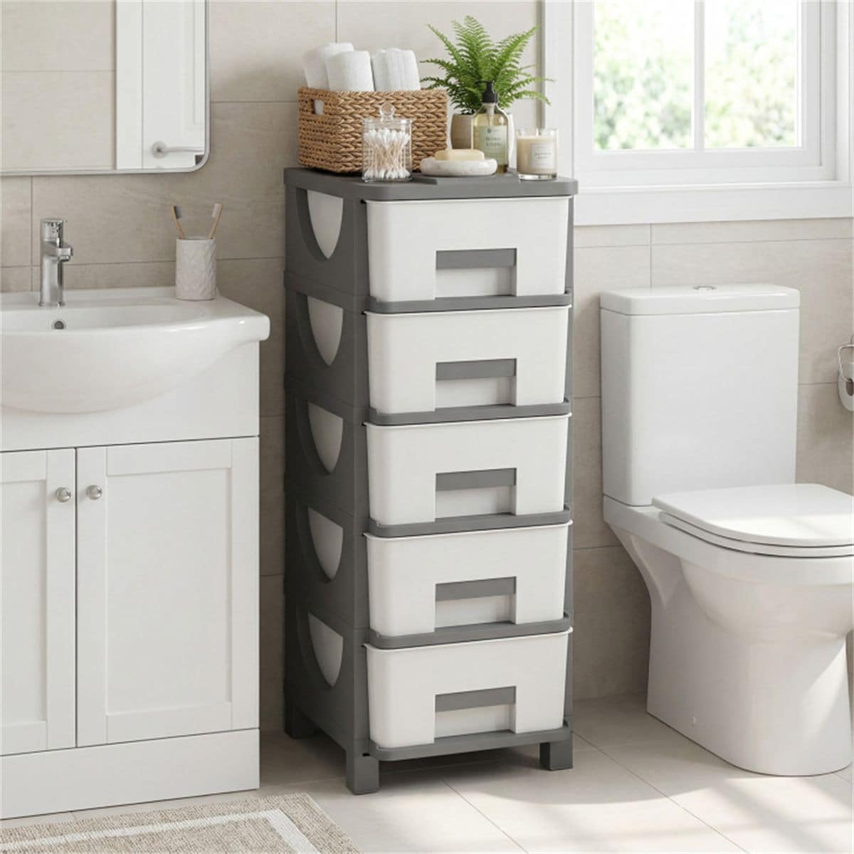 JUSHUA 5-Drawer PP Storage Cabinet Vertical Slim Organizer for Bedroom Bathroom Office