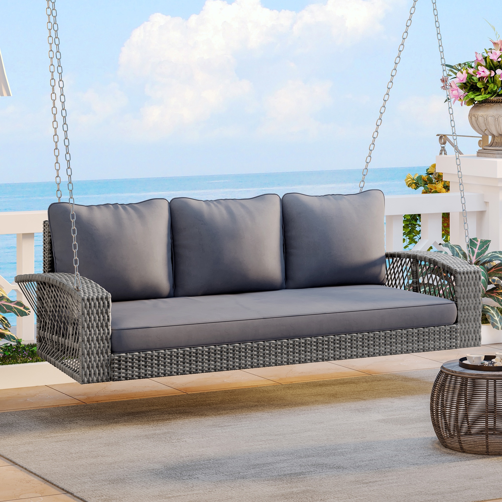 HyperDrop Cart - 69 Inch PE Wicker 3-Seat Porch Swing/ Hanging Swing Bench with Comfort Cushions ...