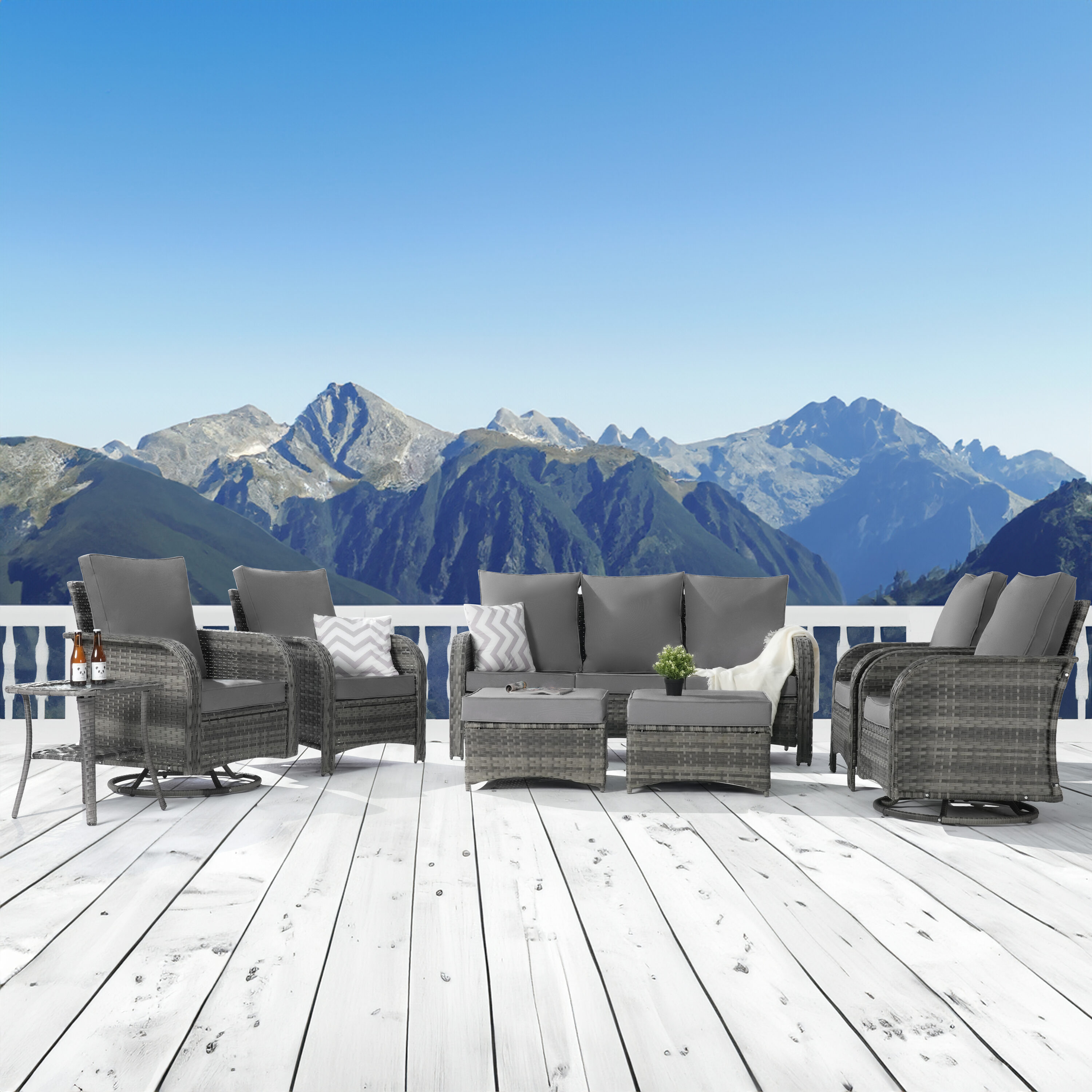 SANSTAR L-WS802-LY-8V1 Patio Conversation Set 8 -Piece Wicker Patio Sofa Conversation Set with Gray Cushions