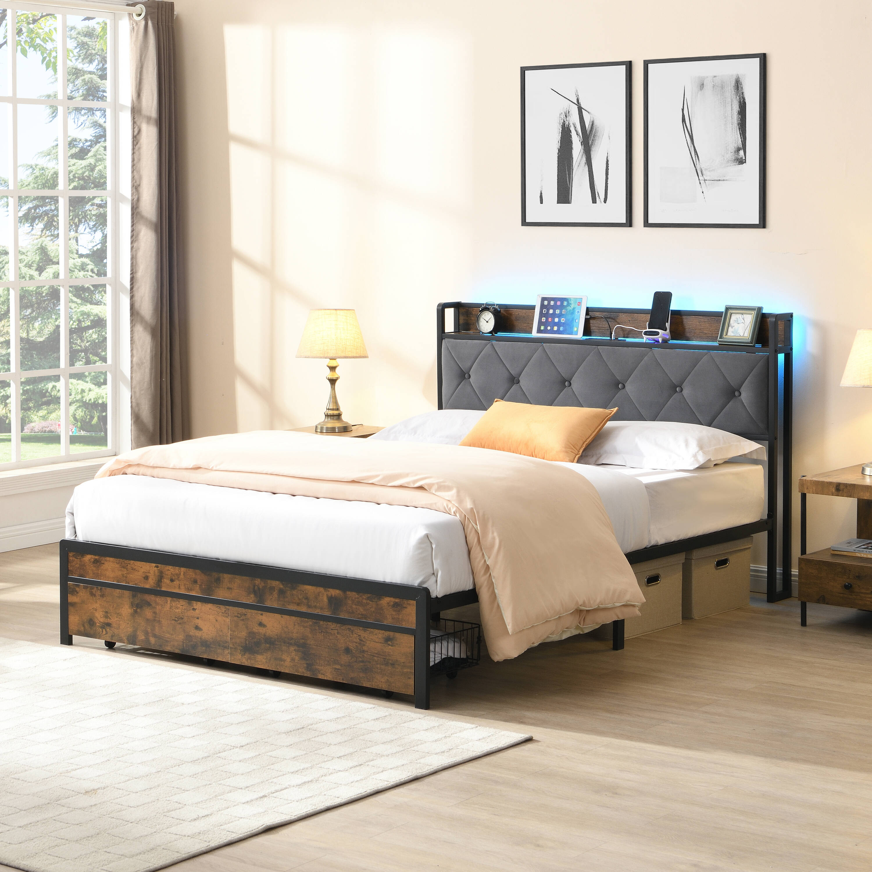Clihome - King Brown Metal Bed Frame Storage with Headboard