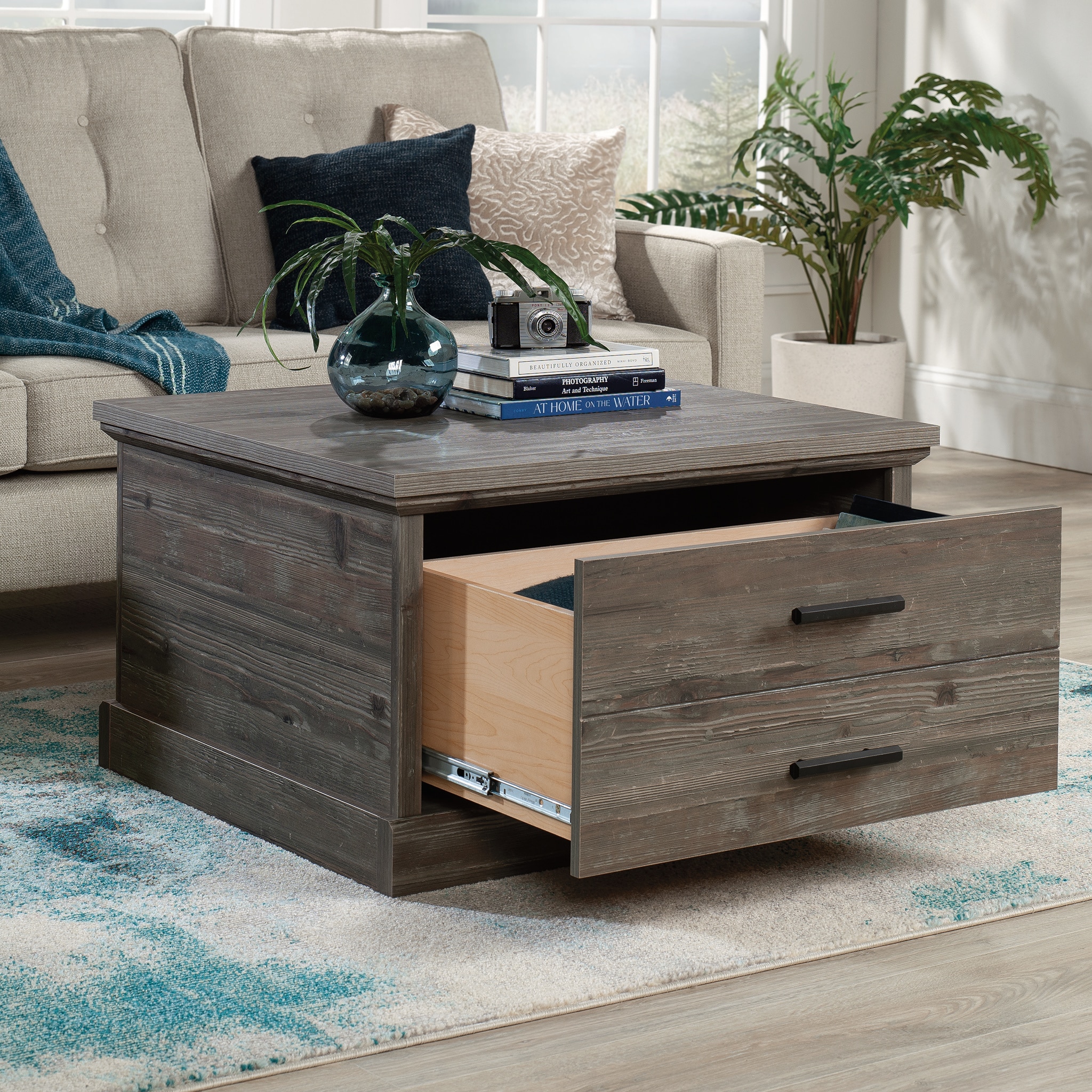 Pebble Pine Square Wood Coffee Table with Storage