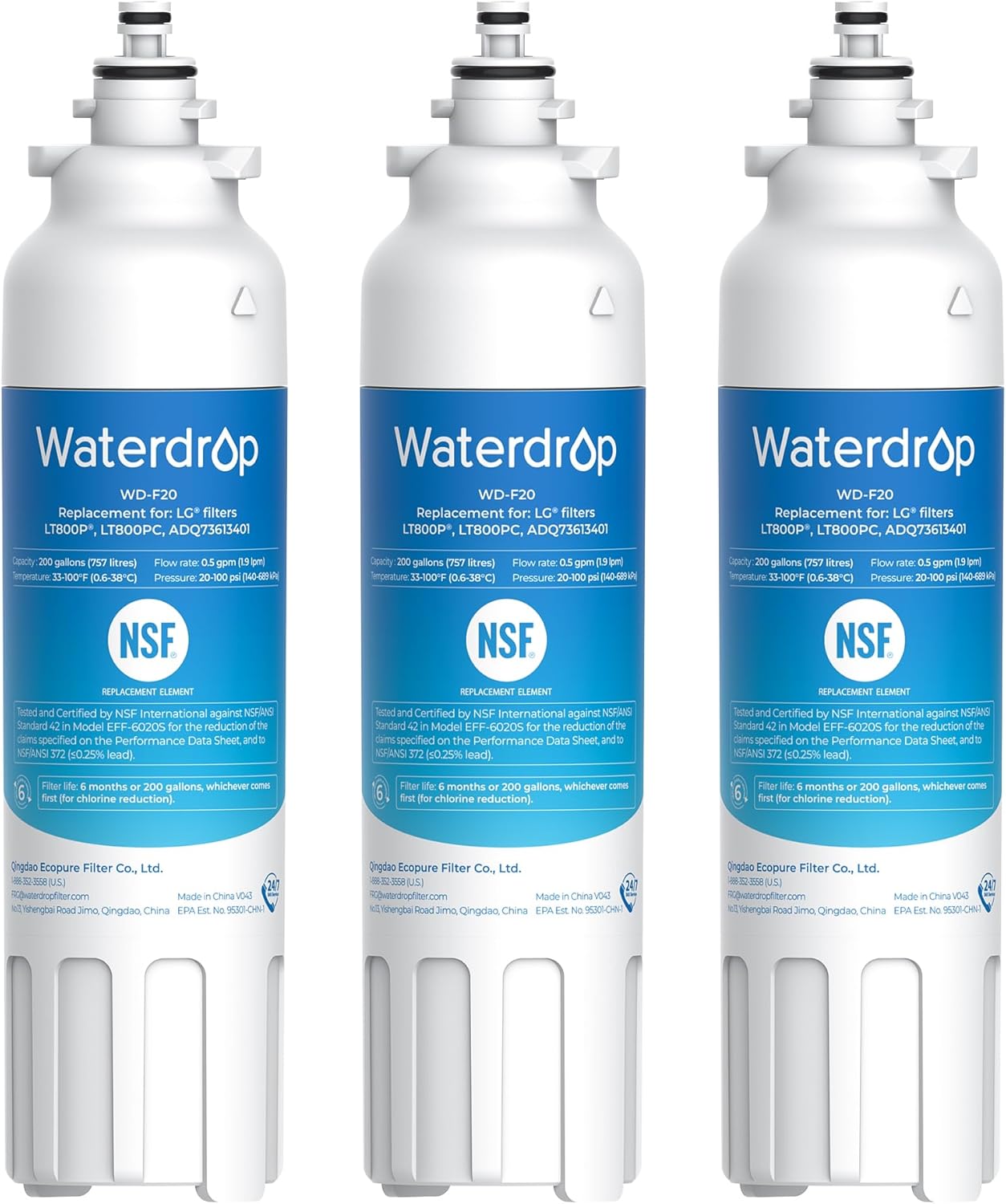 Waterdrop B-WD-LT800P-3 Refrigerator Water Filter Carbon block Whole house Replacement Filter 3 -Pack