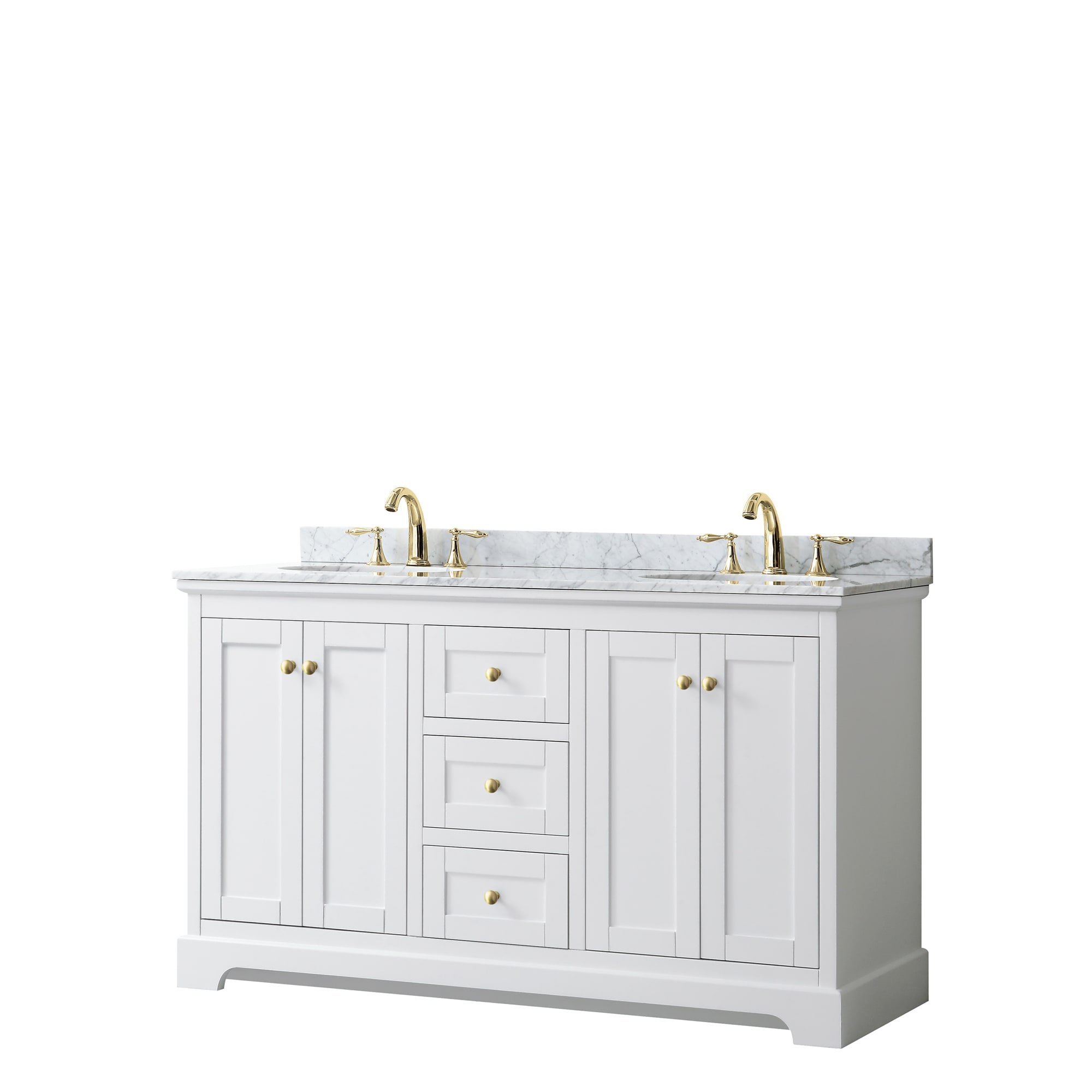Wyndham Collection WCV232360DWGCMUNOMXX Avery 60-in White with Brushed Gold Trim Undermount Double sink Bathroom Vanity with White Carrara Marble Marble Top