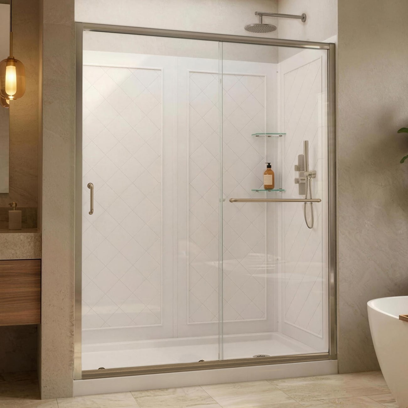 DreamLine Infinity-Z 3 -Piece 60-in W x 30-in L x 77-in H Rectangle Alcove shower kit (Right Drain) Base, Wall, Door Brushed nickel Hardware Included
