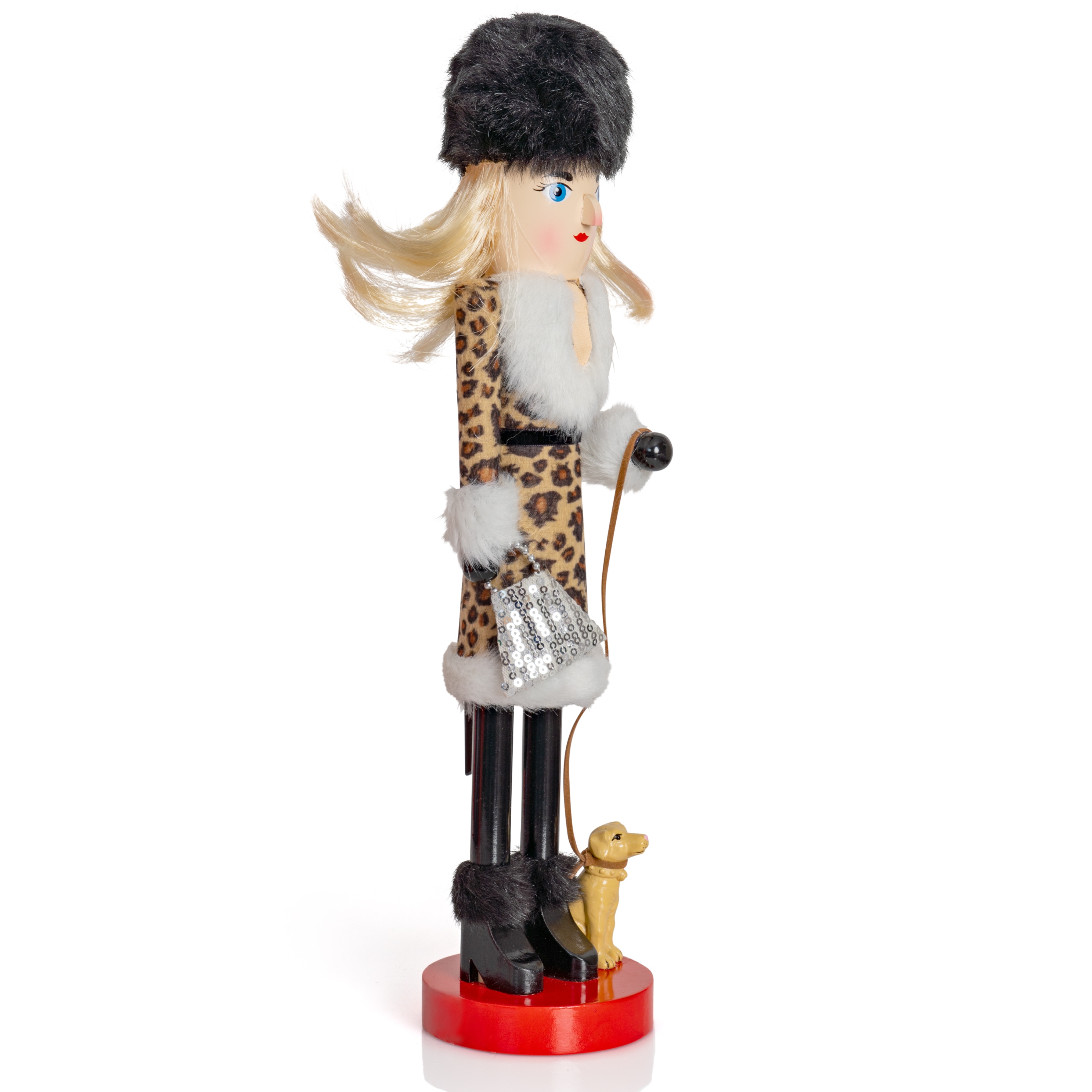 15" Leopard Print and Fur Christmas Nutcracker with Puppy