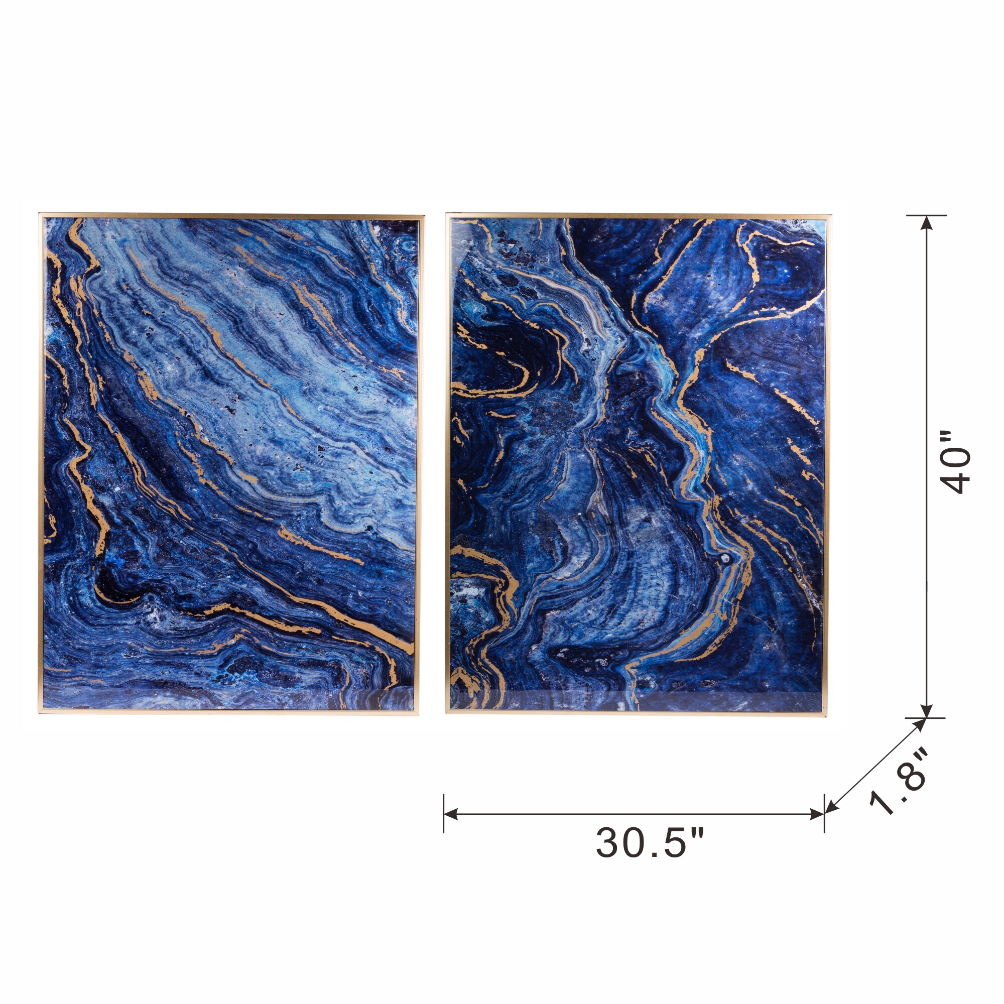 LOVMOR Set of 2 Blue and Gold Framed Art Panels Unique Marbled Design ...