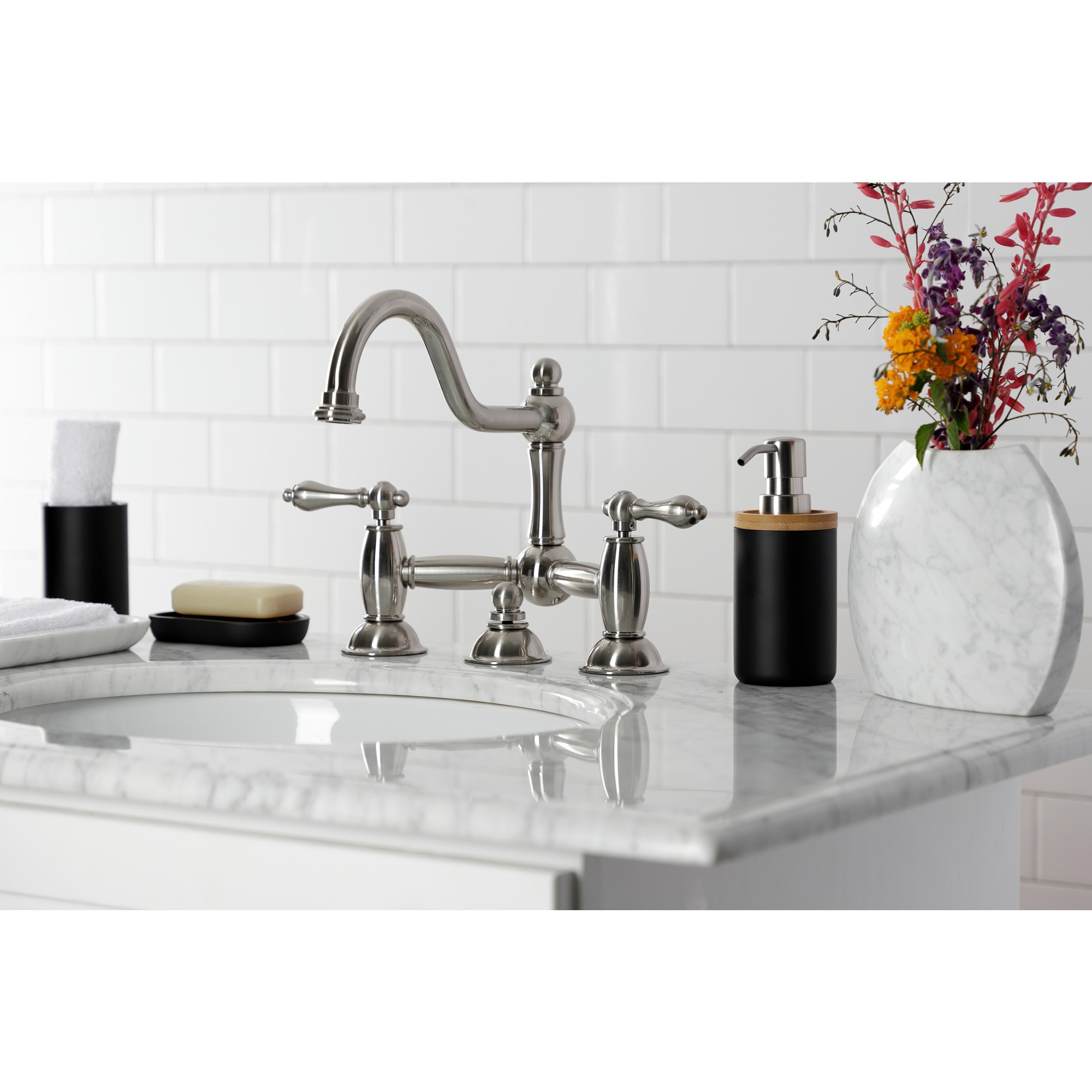 Kingston Brass WLKS3918AL Restoration Brushed nickel Widespread 2-handle High-arc Residential Handle Bathroom Sink Faucet with Drain
