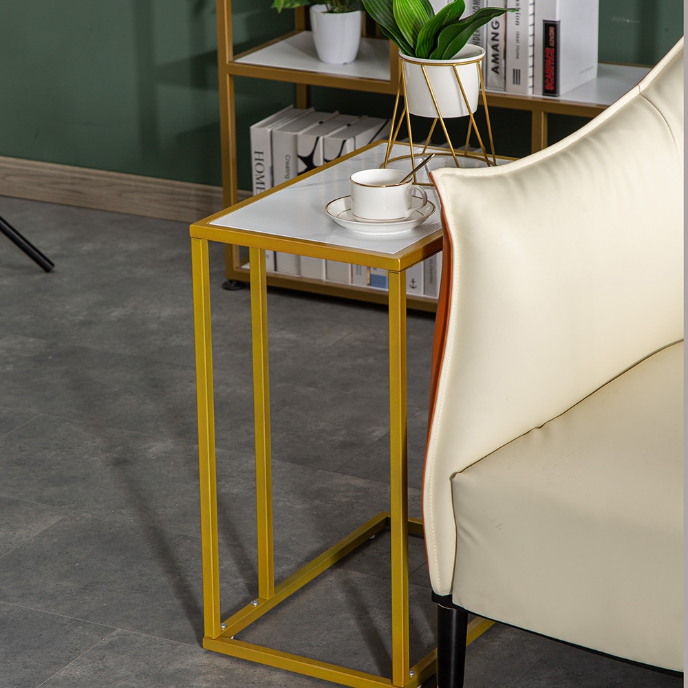 Gold Metal Frame White Marble Top C-Side Table