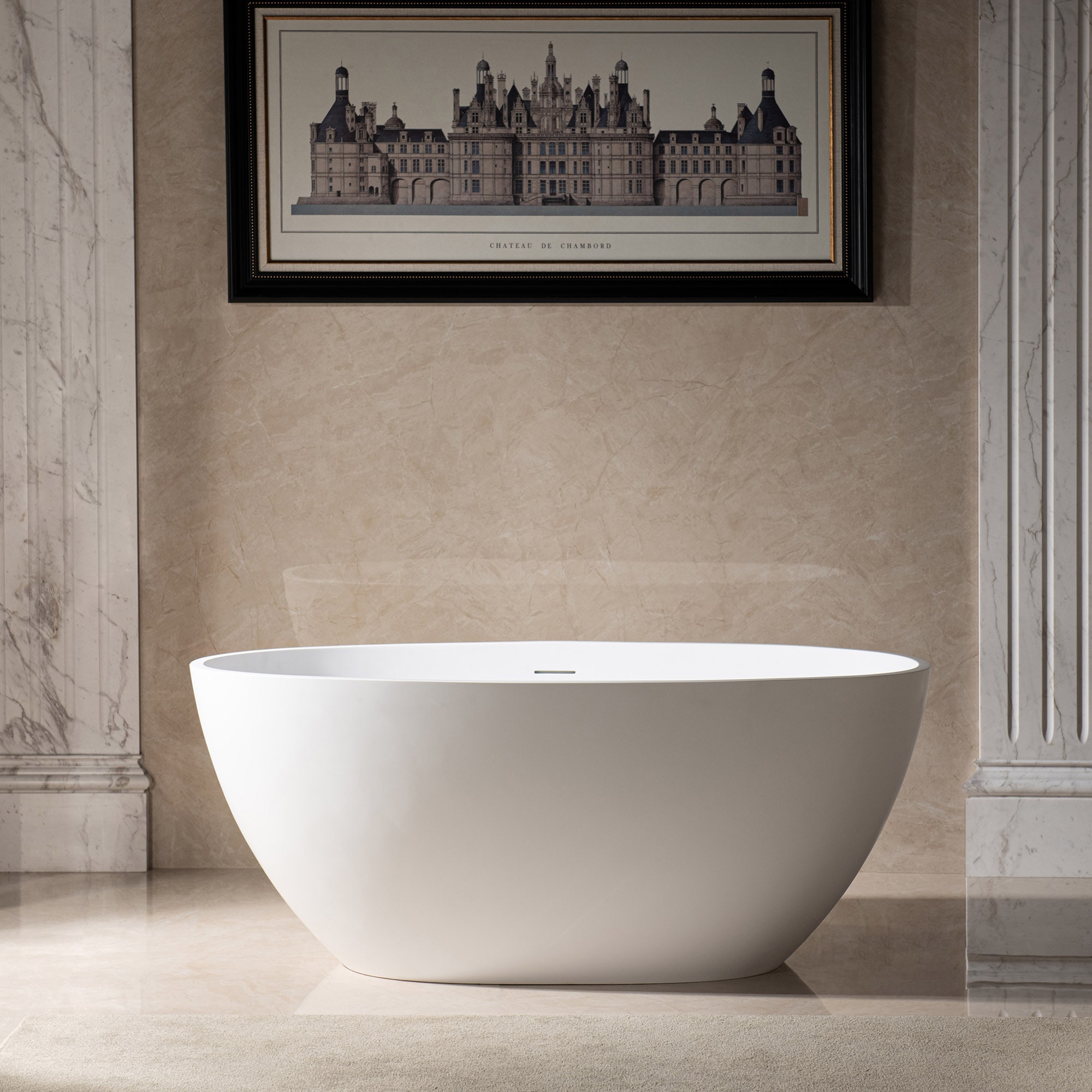 Woodbridge LB174 Tion 29.5-in x 55-in Matte White with Matte WhiteMatte Black Trim Solid surface Oval Freestanding Soaking bathtub with Drain ( Center Drain )