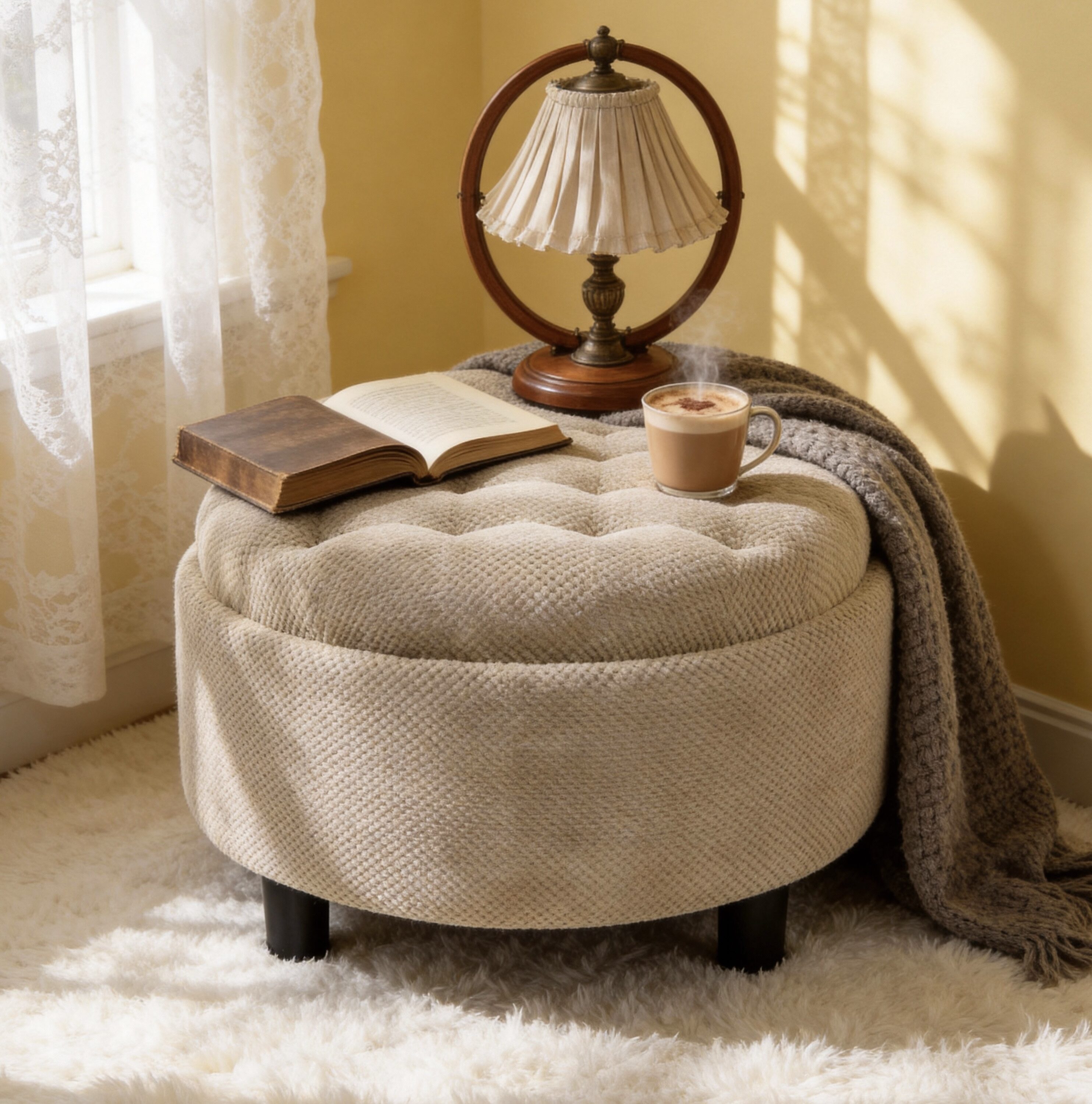 JPJPUU 25Inch Camel Round Upholstered Storage Ottoman with Tray Modern Tufted Fabric Circle Coffee Table with Removable Top for Living Room Bedroom