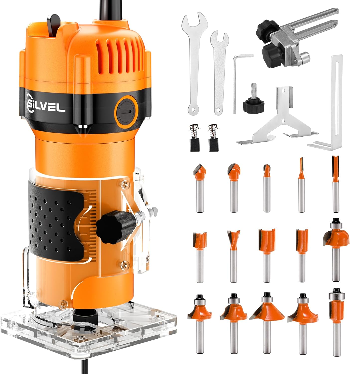 Silvel KF370013-02-CS Wood Router 800W Wood Routers for Woodworking 6.5Amp 1.25HP Hand Wood Router Tool 30000R MIN Compact Edge Trimmer with 15 1/4 Router Bit Set Orange
