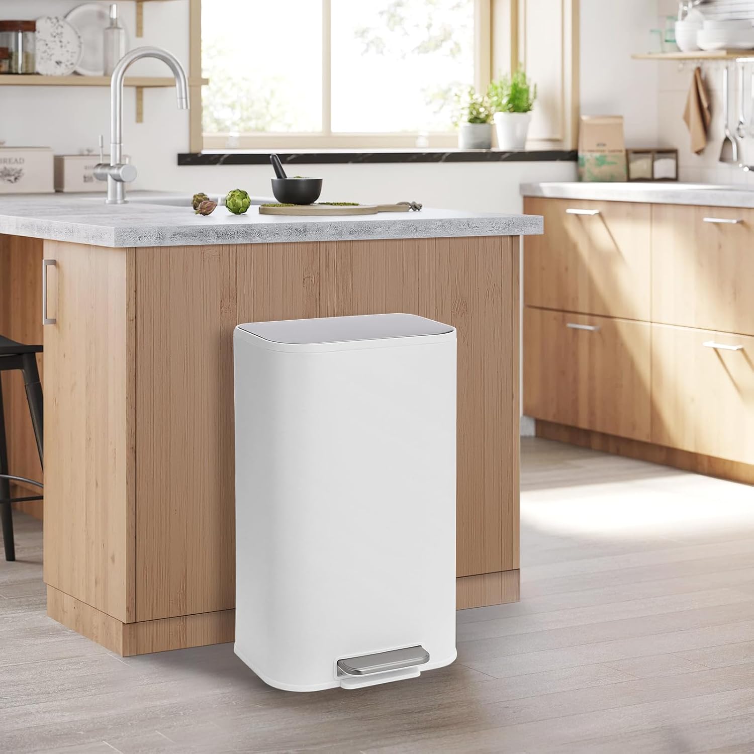 Qeetex JBX-PIS33373YL2 Eight Gallon Kitchen Trash Can With Soft Close Lid Matte Black Stainless Steel Step On Pedal Rectangular Removable Inner Bucket Fingerprint Resistant And Scratch Proof White