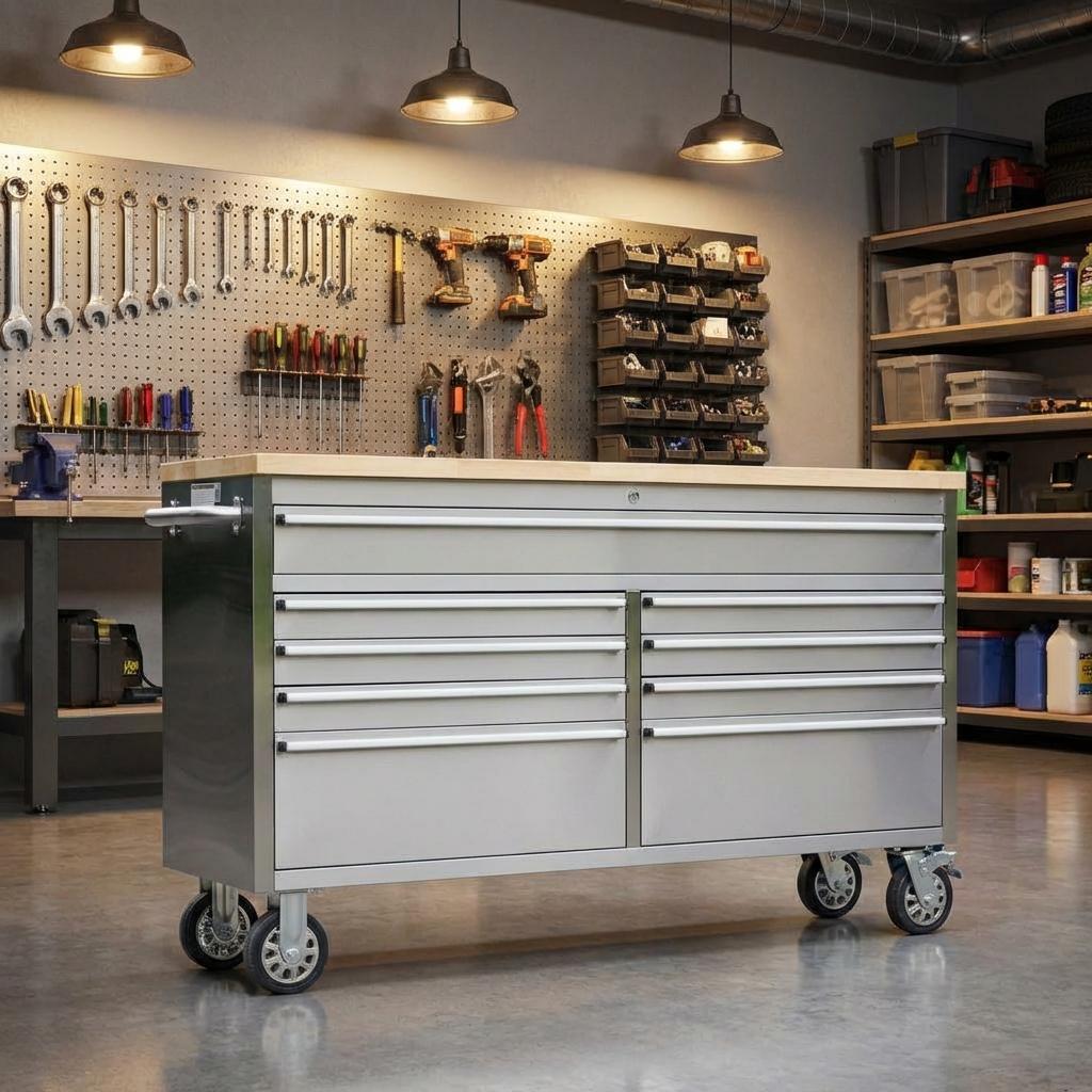 Encore Beets 61 Inch Rolling Tool Chest With 9 Drawers Solid Rubber Wood Top Power Strip Locking Wheels Silver