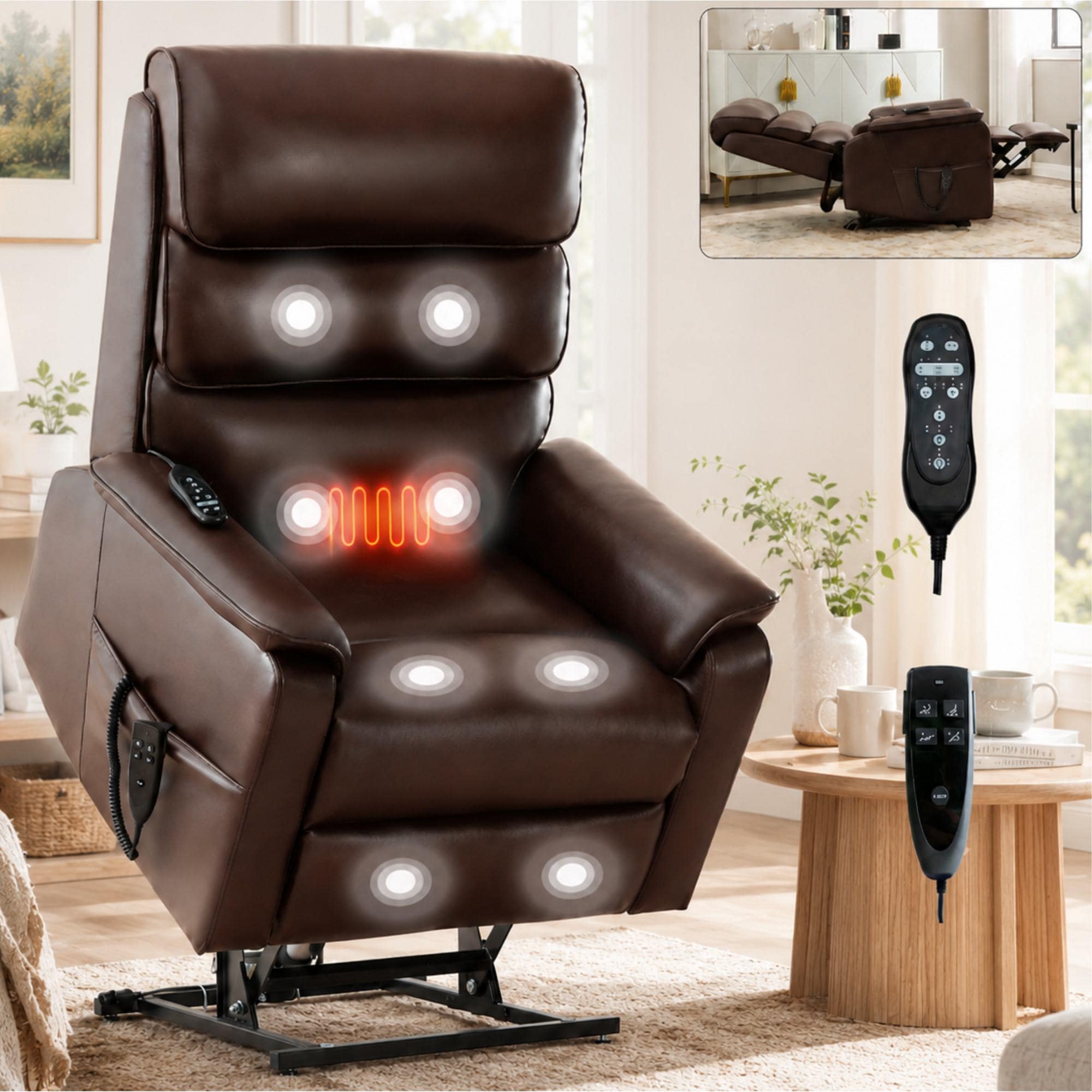 GZMR - Dual Motor Heating Massage Electric Power Lift Recliners Dark Brown Faux leather Upholster...