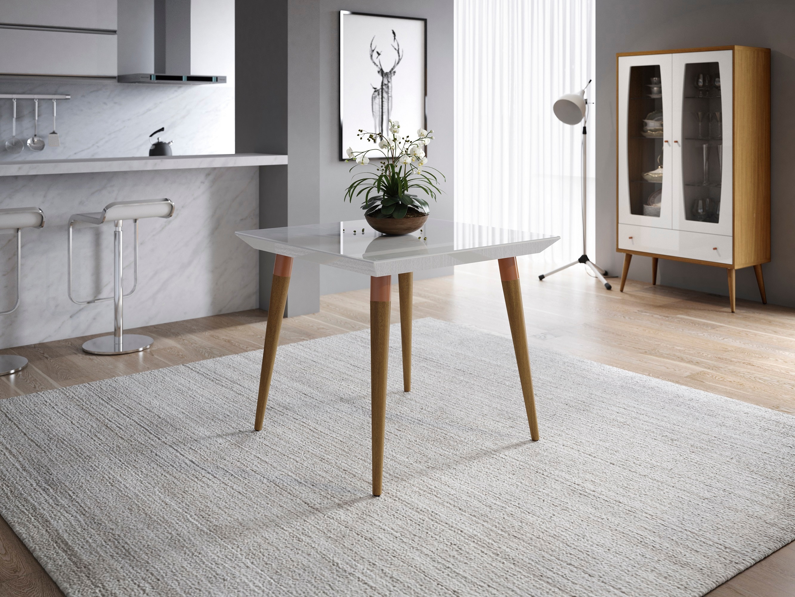 Manhattan Comfort 107251 Utopia White Gloss and Maple Cream Contemporary/Modern Dining Table, Glass top with Gloss Composite 35.43-in L x 30.31-in H