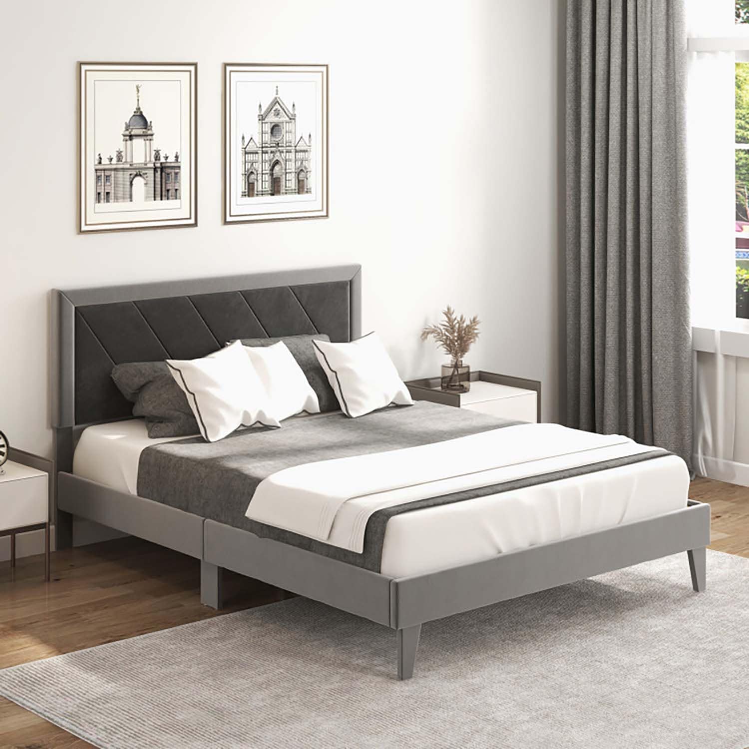 GZMR 842BAAUS-LC Queen Size Platform Bed with High Headboard Gray Queen Wood and metal Bed frame Bed