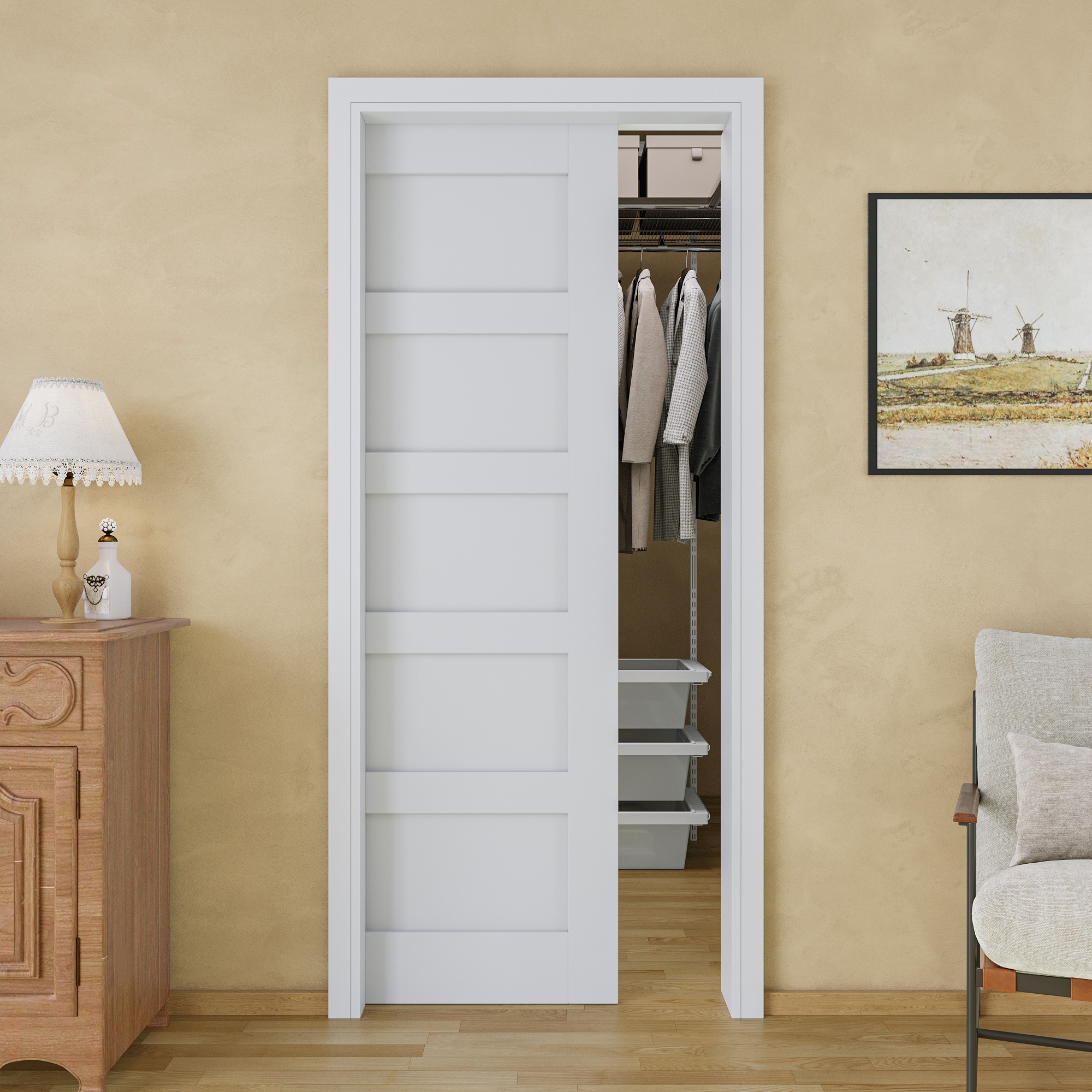 JUJUBON 36-in x 80-in MDF Pocket Door Frame with Pocket Door,Pocket Door Frame and Hardware Soft Close Included #IN-PDPK-WGXB-36