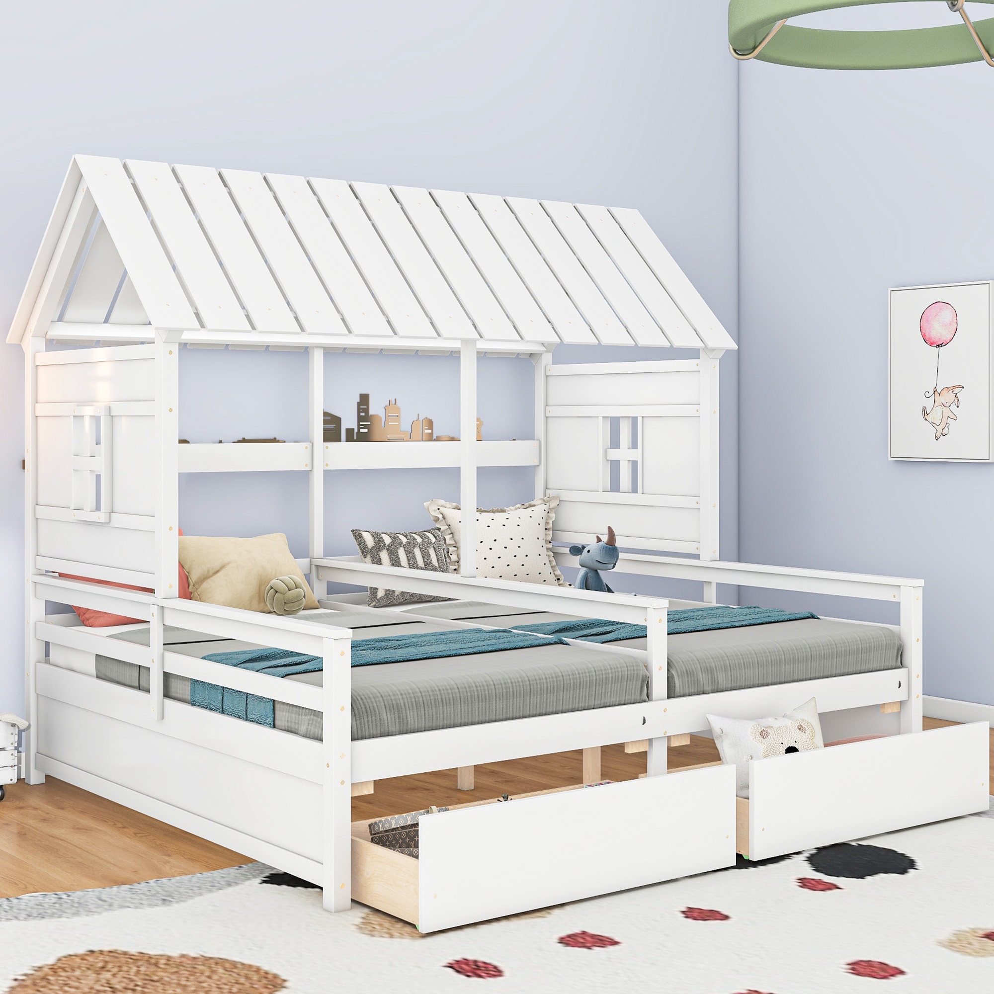 ModernLuxe GX000452AAK Twin Size House Platform Beds with Two Drawers for Boy and Girl Shared Beds Combination of 2 Side by Side Twin Size BedsWhite