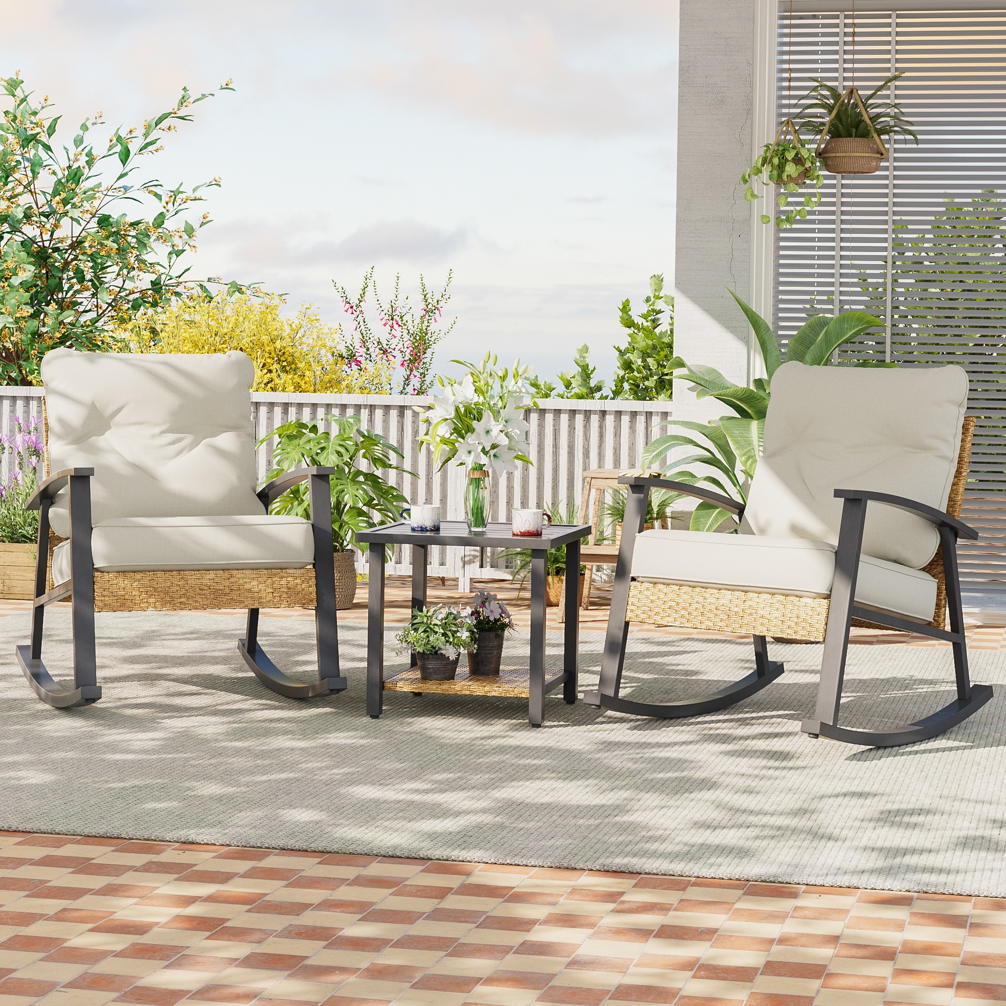 ACEGOSES LW-RC-01BE Skytop 3 -Piece Wicker Patio Conversation Set with Cream Cushions