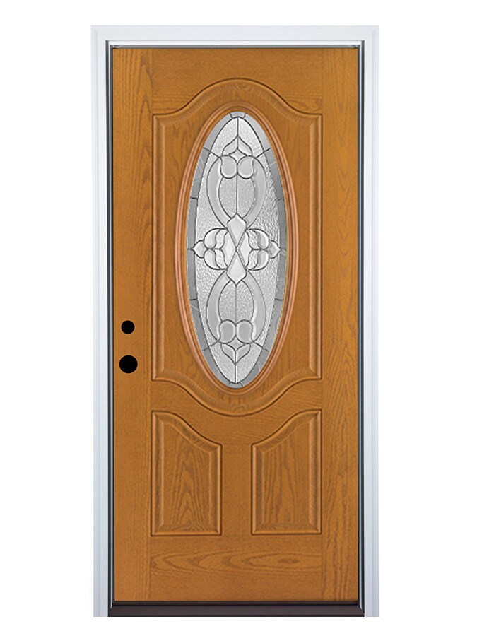 Therma-Tru Benchmark Doors BMTT613296 Willowbrook 36-in x 80-in Fiberglass Oval Lite Right-Hand Inswing Medium Oak Stained Prehung Front Door with Brickmould Insulating Core