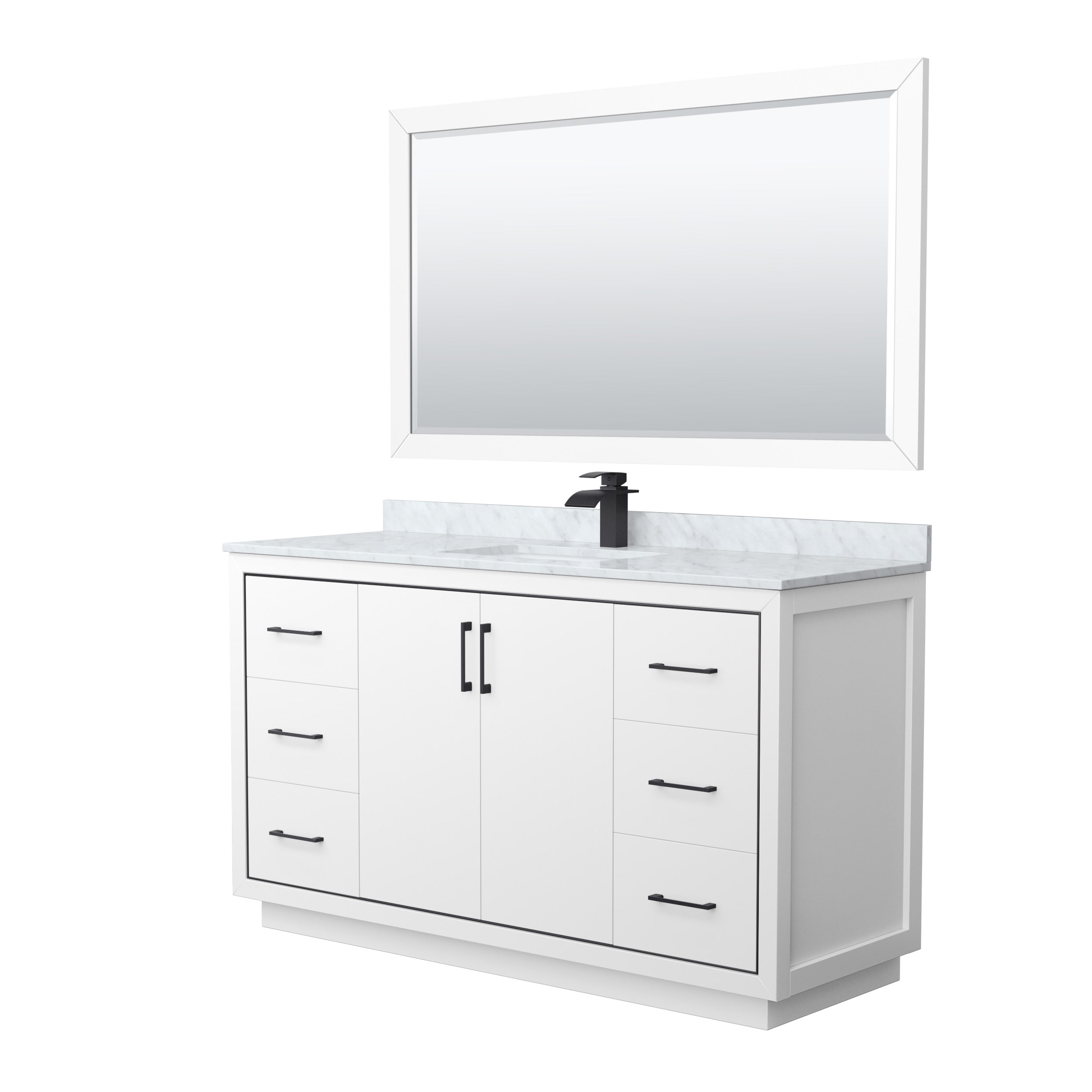Wyndham Collection WCF111160SWBCMUNSM58 Icon 60-in White with Matte Black Trim Undermount Single sink Bathroom Vanity with White Carrara marble Natural marble Top (Mirror Included)