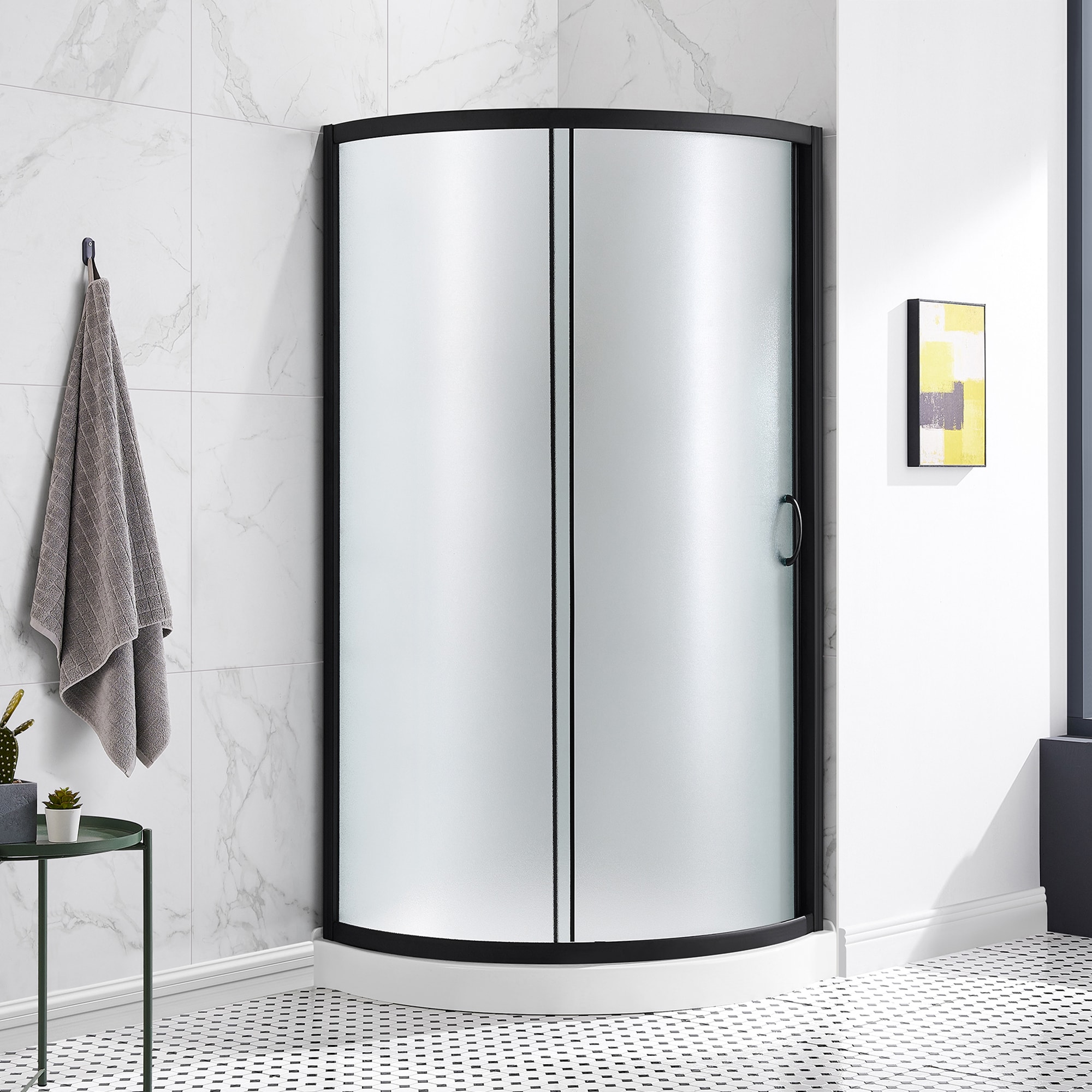 OVE Decors 15SKC-BREF34-BLK Breeze 2 -Piece 34-in W x 34-in L x 77-in H Round Corner shower kit ( Corner Drain) Base and Door Included Black Hardware Included