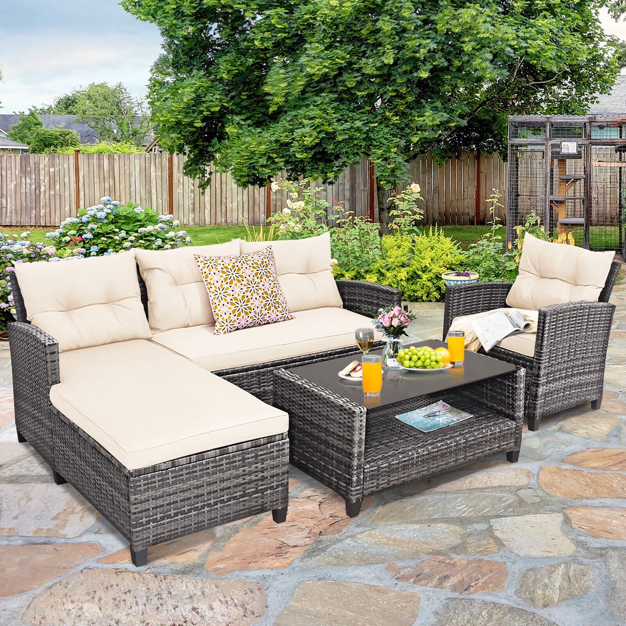 BABOOM Outdoor Furniture Sofa Set 4-Piece Rattan Patio Conversation Set ...