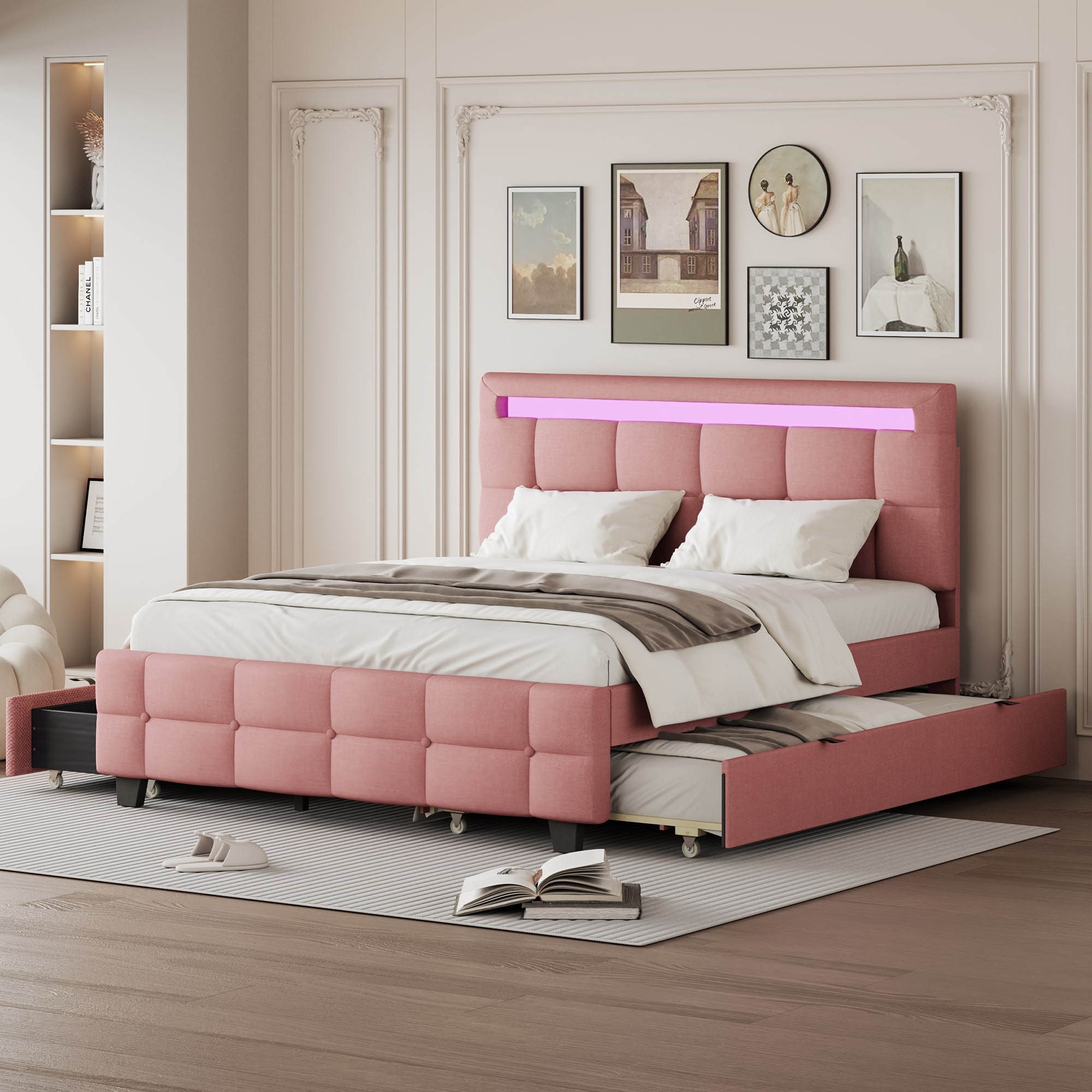 ModernLuxe L3P-SF000100AAH Queen Size Upholstered Platform Bed with LED Frame with Twin XL Size Trundle and 2 drawers Linen Fabric Pink
