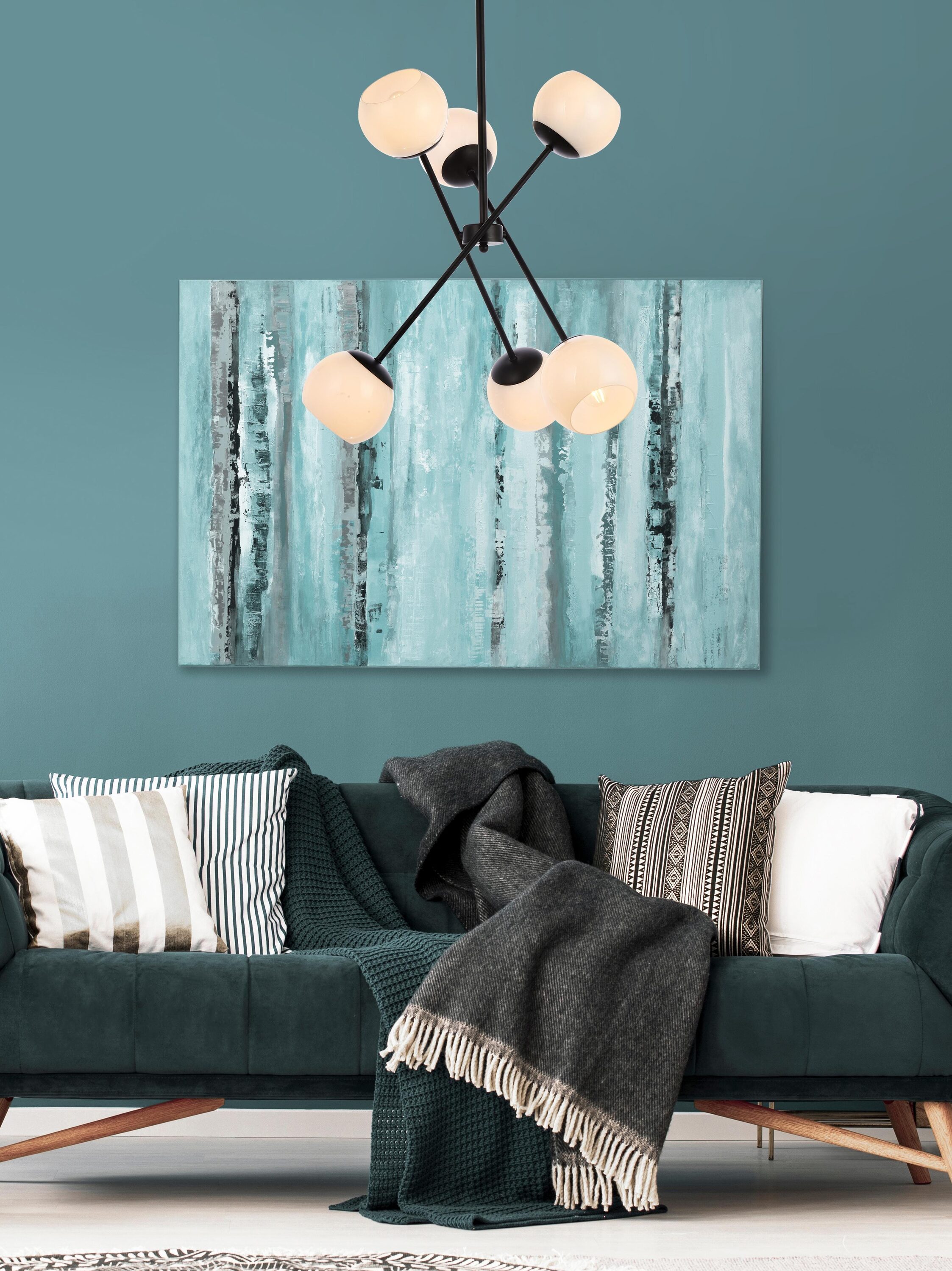 Sleek Zigzag 6-Light Sputnik Chandelier with Black Iron and White Glass